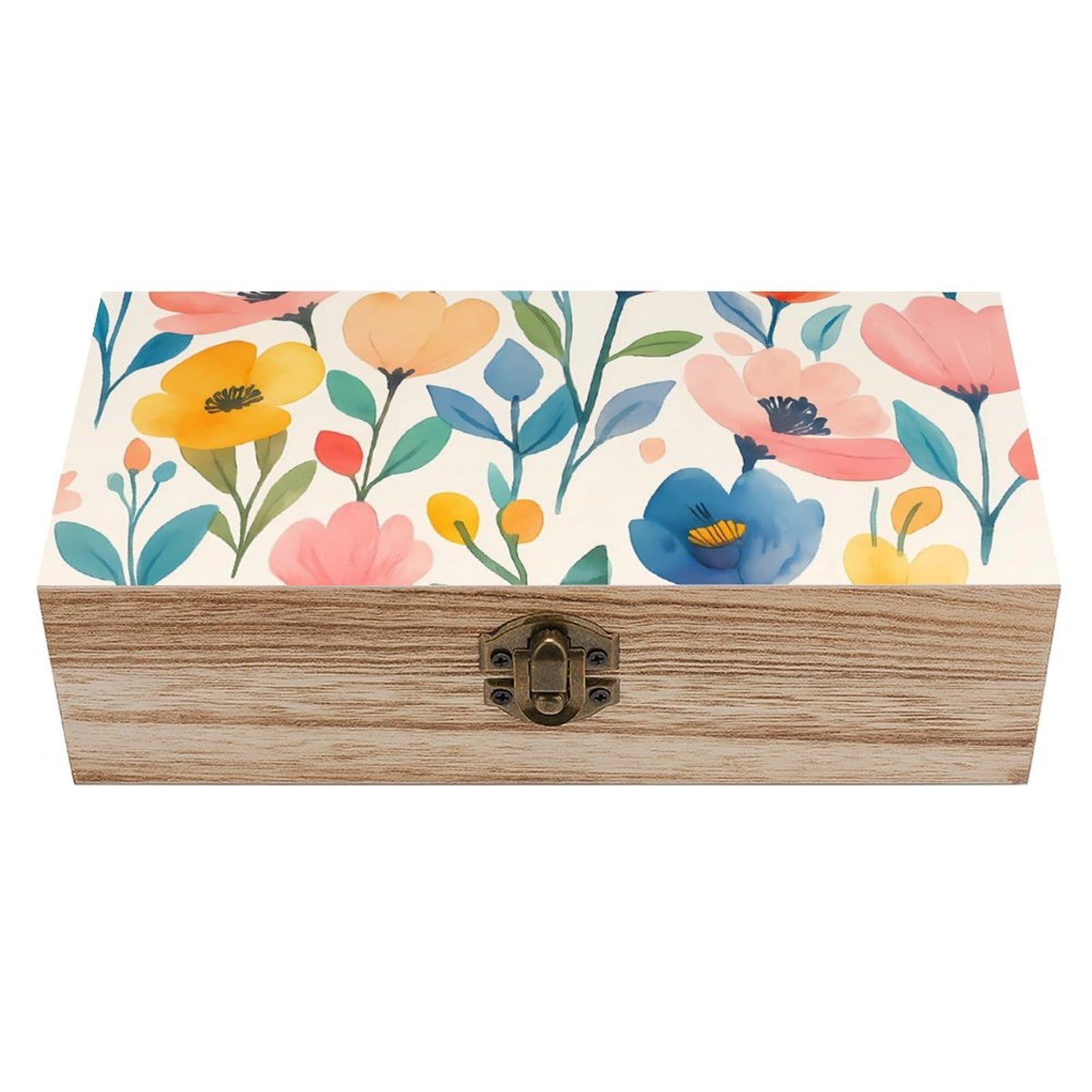 HLBSDM Watercolor Colorful Flowers Retro Wooden Storage Box Jewelry Art Gift Boxs Decorative Keepsake Boxes