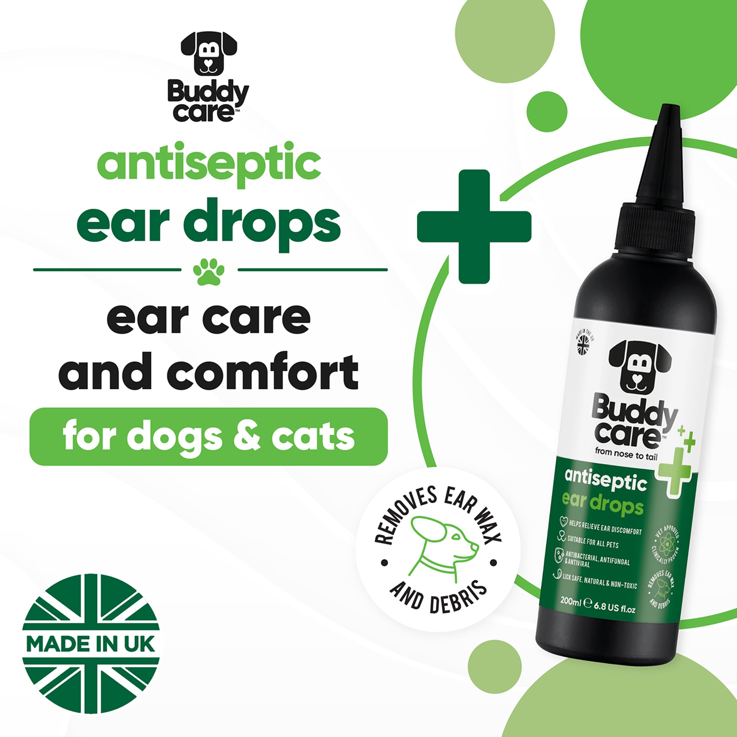 Buddycare Antyseptyczny środek do czyszczenia uszu dla psów, 200 ml, kojące krople do uszu dla zwierząt domowych, antyseptyczne krople do uszu, zatwierdzone przez weterynarza, antybakteryjne, krople