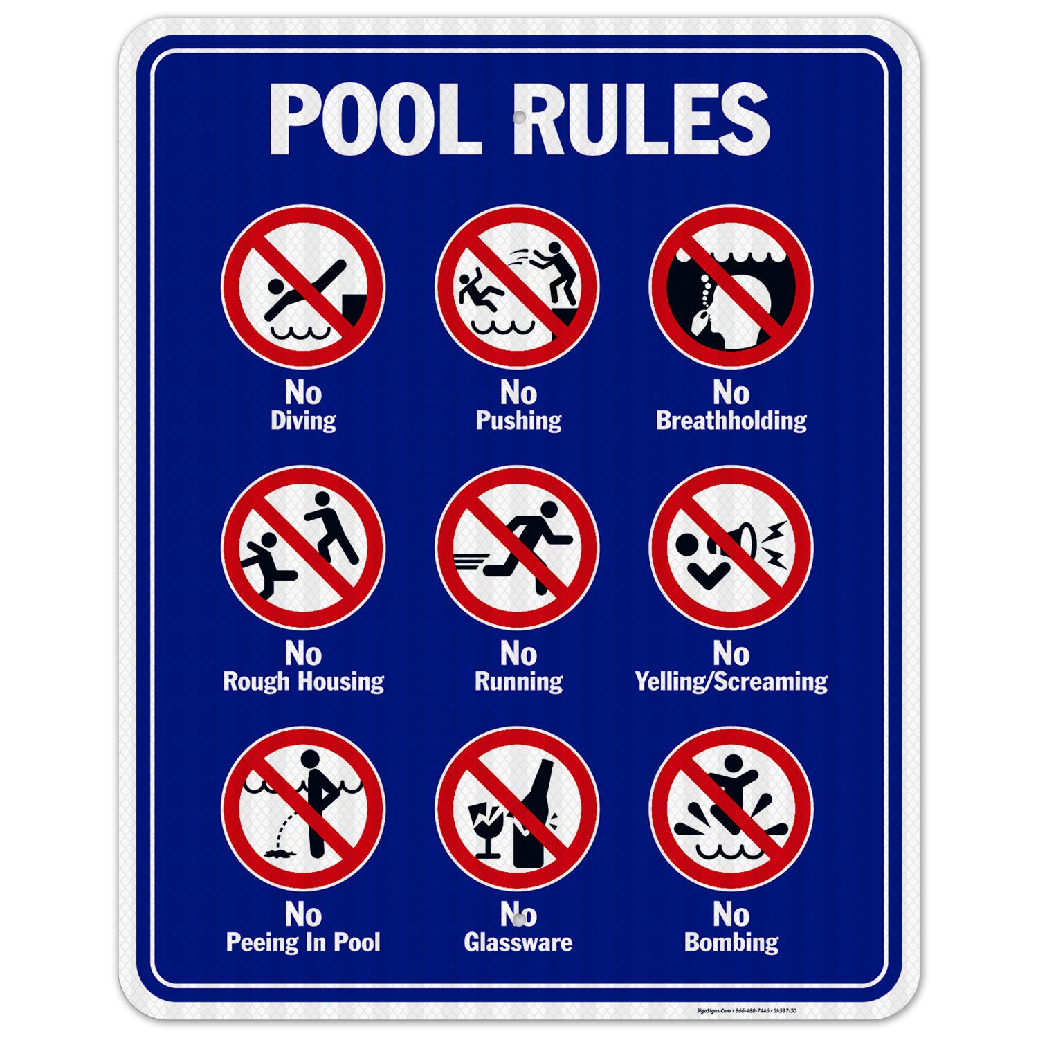 Pool Rules Sign, No Diving No Pushing No Running No Peeing in Pool 24x30 Inches, 3M EGP Reflective .080 Aluminum, Fade Resistant, Indoor/Outdoor Use, Made in USA
