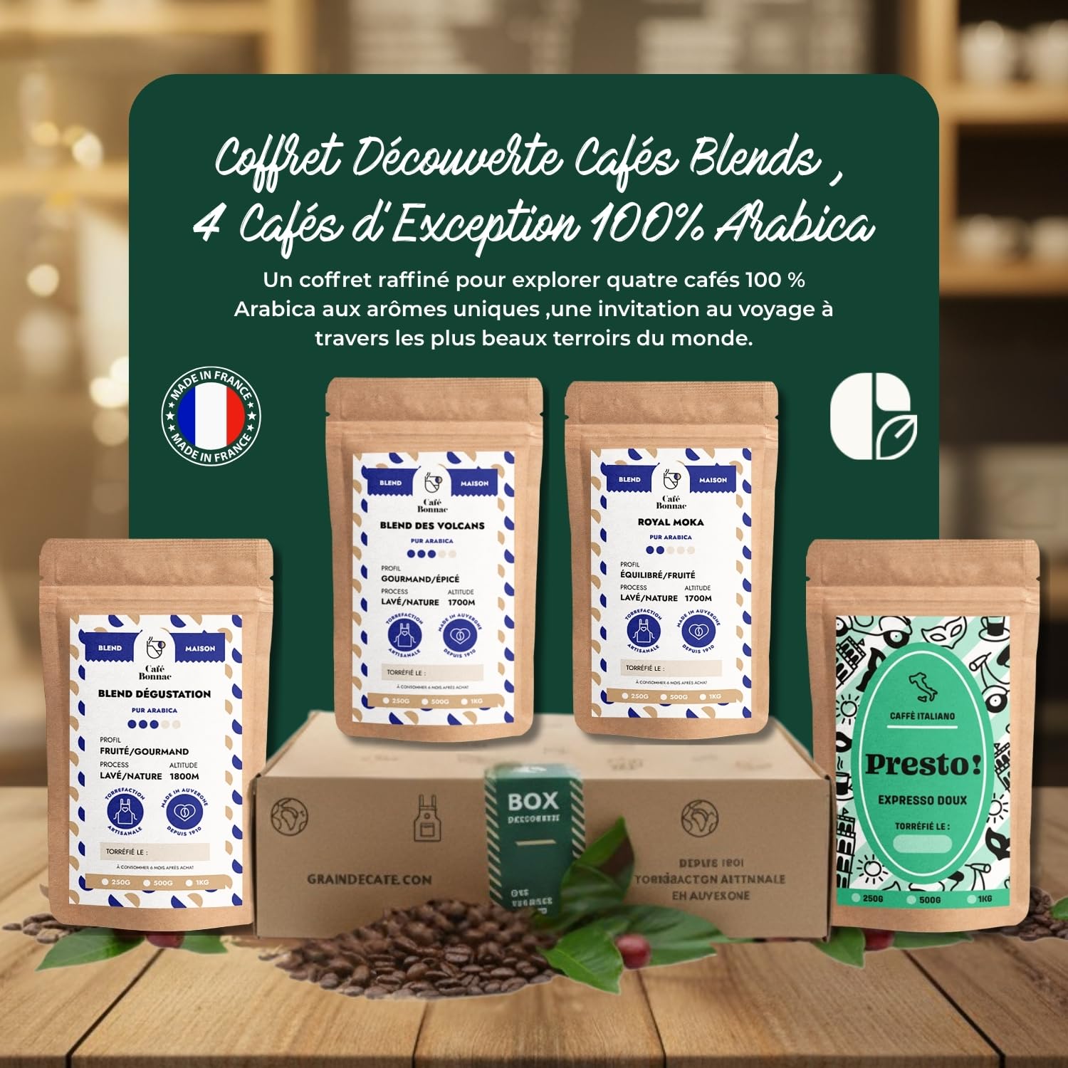 Café Bonnac – Coffret Découverte Cafés Blends – Café en Grain – 4x250g – 100% Arabica – Origines Éthiopie, Brésil & Colombie – Torréfaction Artisanale Française – Idéal Cadeau