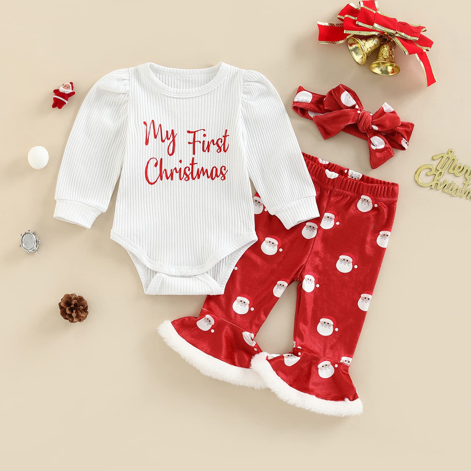 MBMSHEGH My First Christmas Baby Girl Outfit Long Sleeve Romper + Santa Claus Print Flare Pants + Headband Newborn Clothes Set (A-Christmas Red, 12-18 Months)
