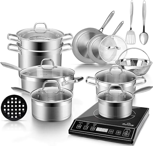 Duxtop Bundle 9100MC 1800W Placa de inducción portátil, quemador de inducción con 18 piezas de utensilios de cocina de inducción profesional de
