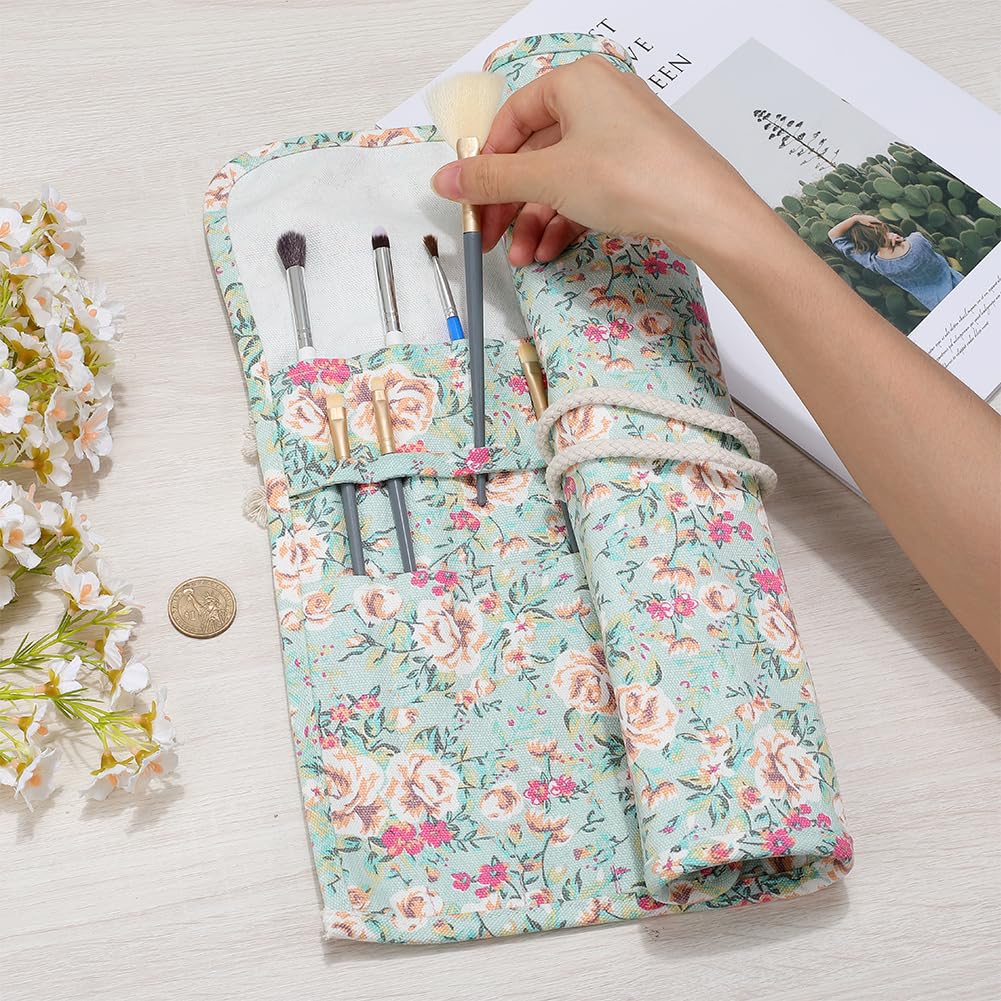 CRASPIRE Canvas Pencil Wrap Flower Pattern Pencils Roll Holder Brushes Bag Roll Up Piant Floral Coloring Pen Case Storage Organizer for Art Lovers Artist Drawing Sketching with 20 Slots Pouch - Image 3