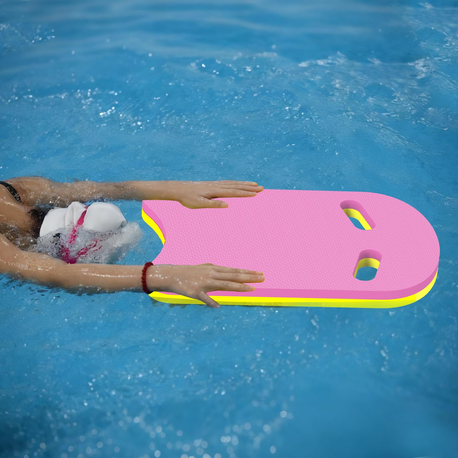 2 tablas de natación en forma de U con mango de 2 agujeros hechas de EVA, 17 x 12 x 1.1 pulgadas, ligeras y duraderas, adecuadas para principiantes y nadadores avanzados para entrenamiento (2 rosas)