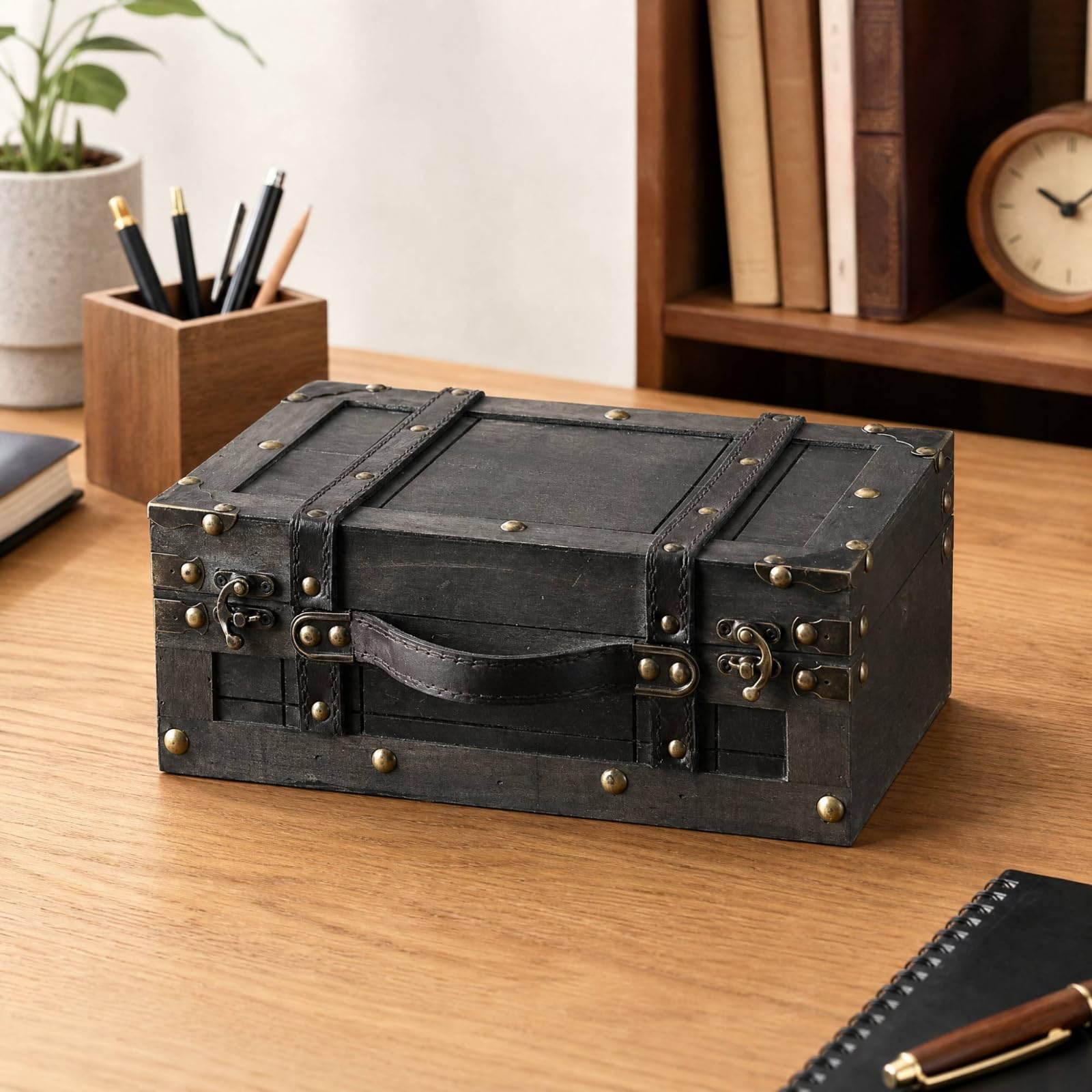 Caja con Tapa Abatible Vintage Baúl con Asa Multifuncional Baúl s Envejecida para Estilo Mesa, L