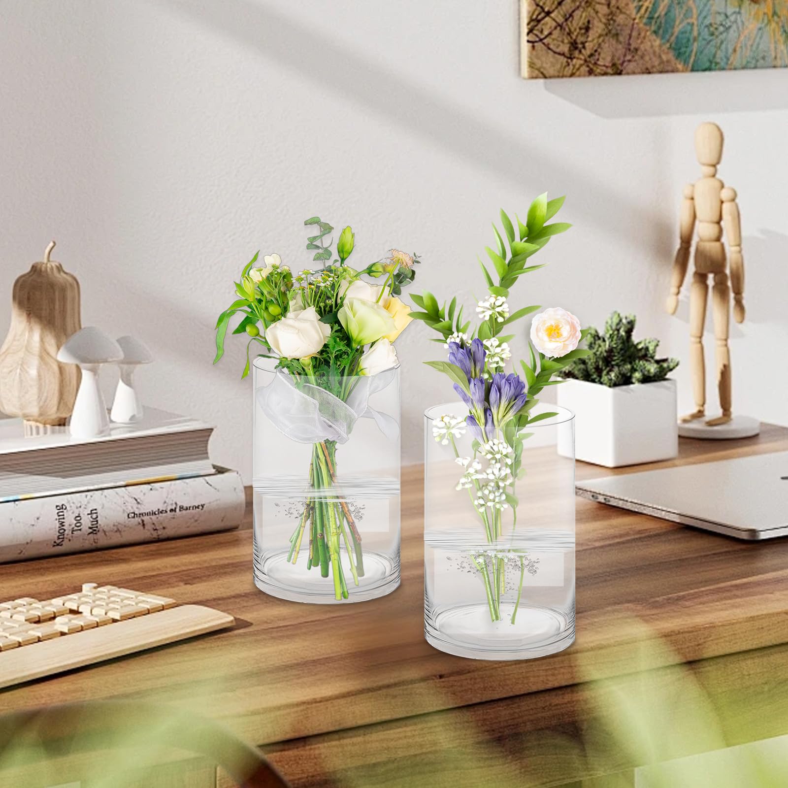 APACALI 6 vasi in vetro grande, 20 x 10 cm, cilindrici, in vetro trasparente, rotondi, sottili, per orchidee, rose, tulipani, erba della pampa, decorazione da tavolo, candele