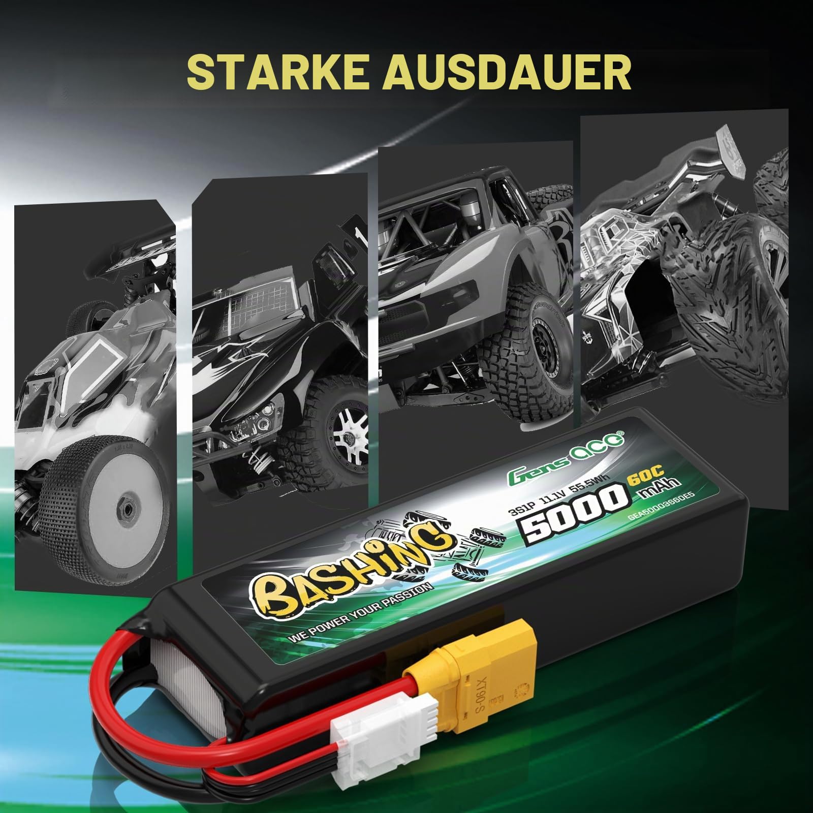 Gens Ace 3S LiPo Akku 11.1V 5000mAh 60C mit XT90 Stecker Bashing Batterie für RC Auto, RC Flugzeug, RC Hubschrauber, RC Hobby