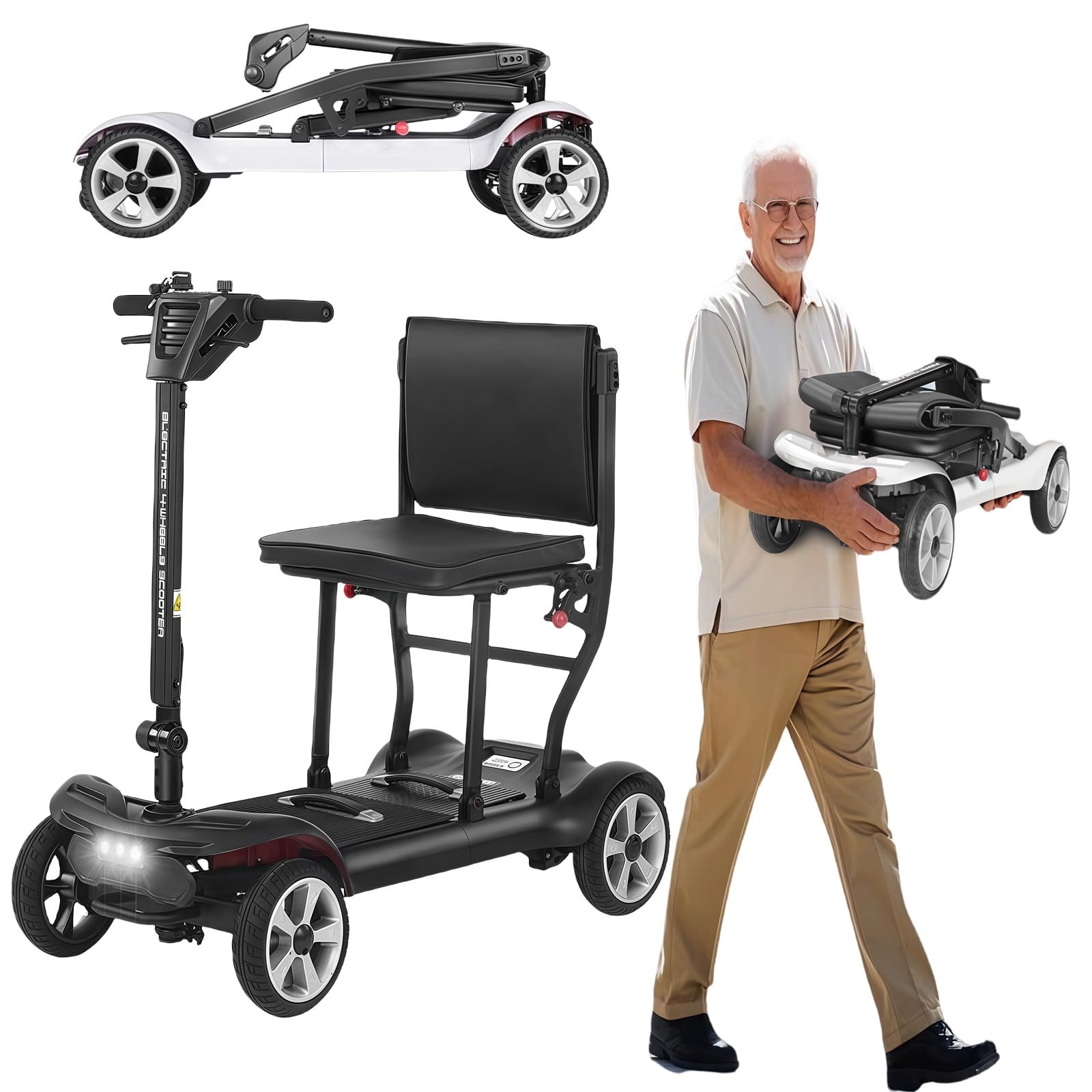 Veicolo Elettrico Pieghevole a Quattro Ruote Ultraleggero da 15,8 kg per Anziani, Doppia Batteria, Design Comodo e Pieghevole, per Anziani e disabili