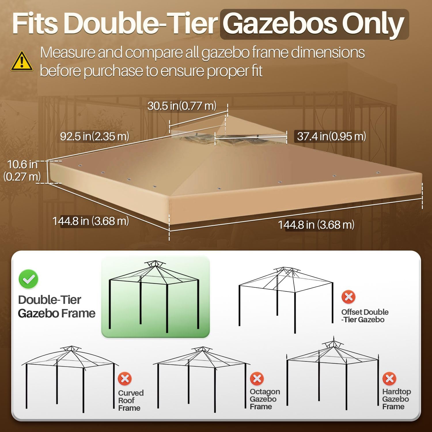 Flexzion Copertura di ricambio impermeabile per gazebo, 12 x 12 (3,6 m x 3,6 m), copertura per gazebo da esterno, doppio strato UV30, per tettoie, giardino, patio, tenda da cortile (beige)