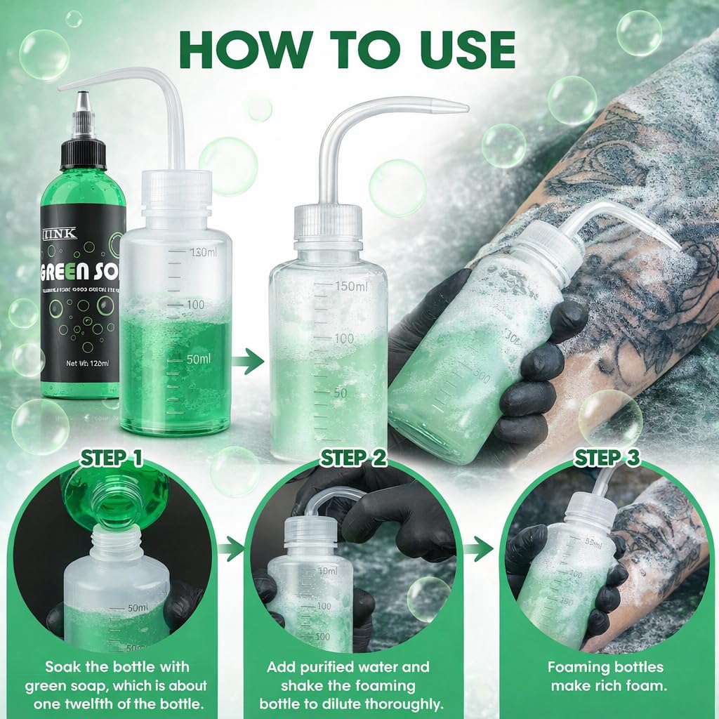 Green Soap Tattoo Concentrate 4.1 oz with Foaming Bottle | 1:10 concentrated formula, unscented, includes 120ml foaming bottle, for tattoo prep, wiping and aftercare cleanup
