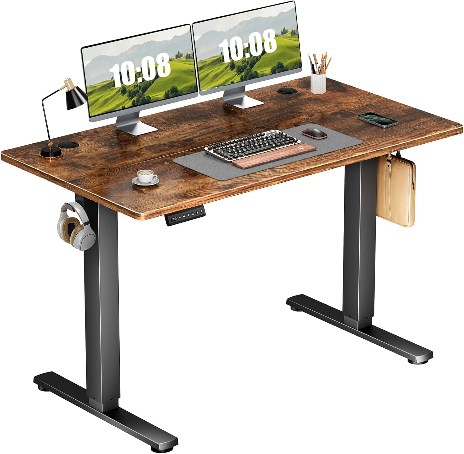 sweetcrispy electric adjustable height standing desk - 48 x 24 inch sit to stand up desk with splice board, rising home office computer table with 2 hook and wire hole for work rustic brown 48 x 24in