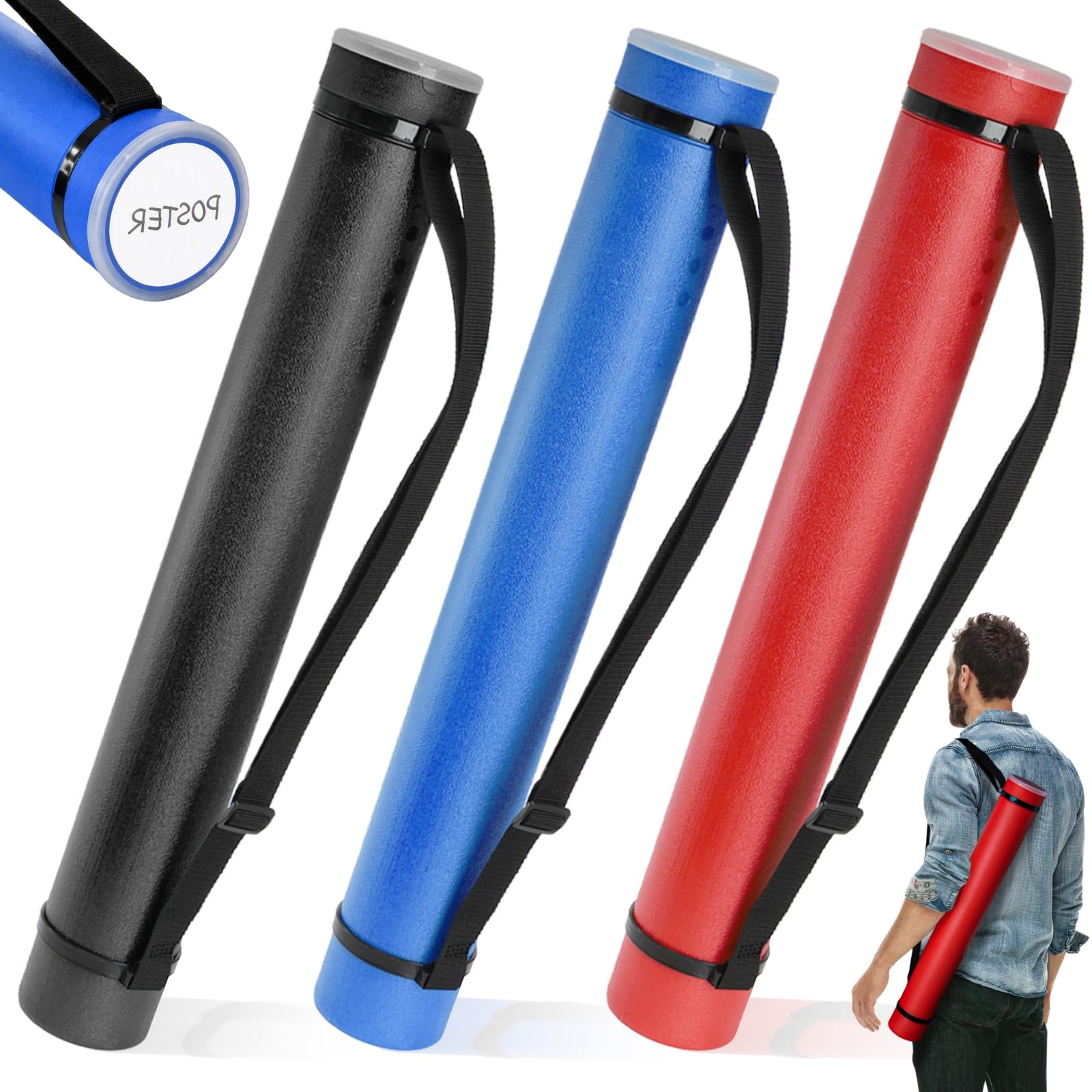 Eorbow 3 Packs Extendable Poster Tube, 25" to 40" Waterproof Blueprint Holder with Strap, Portable Telescoping Carrying Case with Lid for Maps, Art and Drawings, Round Storage Container for Document