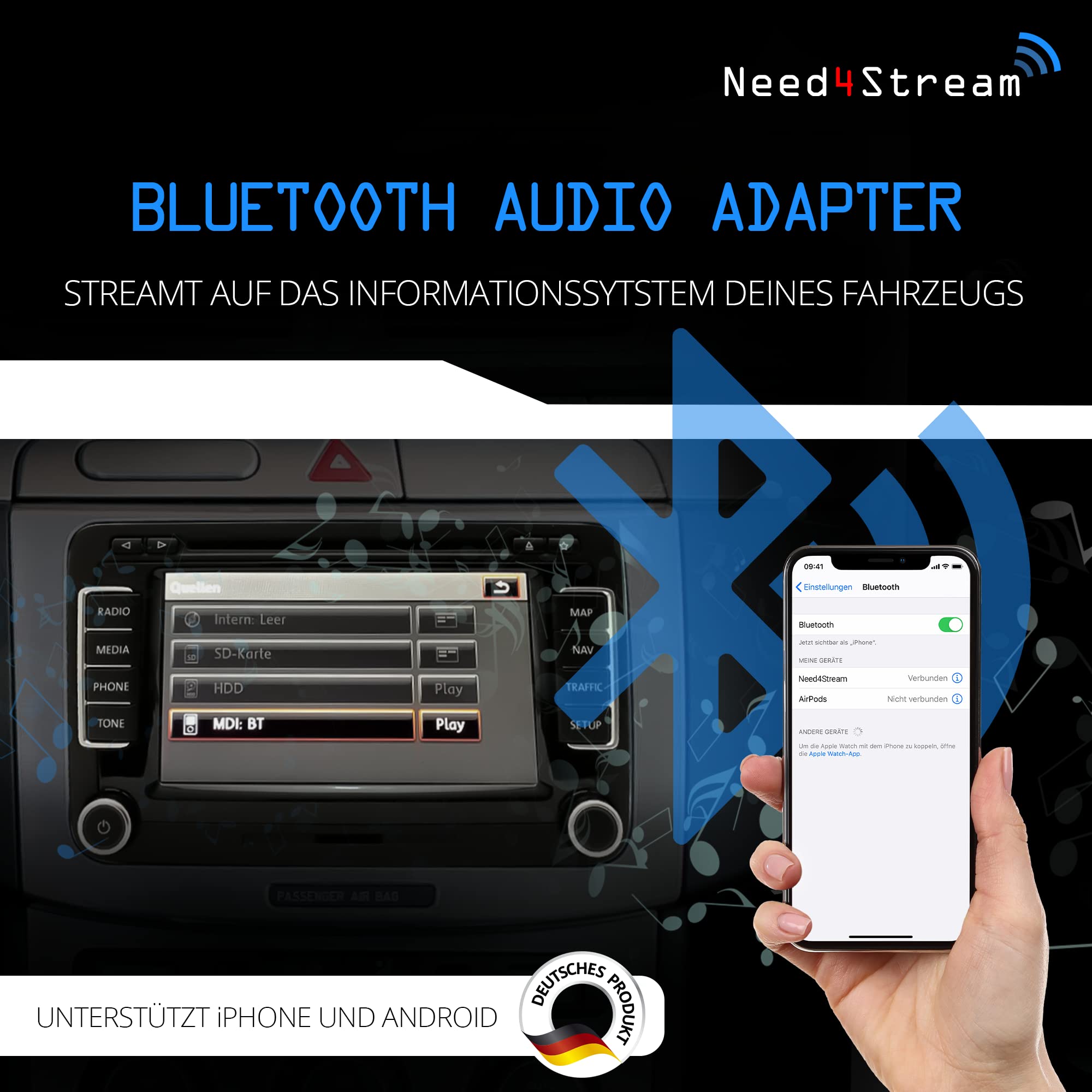 N4S79431 Adattatore Bluetooth Auto compatibile con VW, Skoda e Seat, adattatore audio con display del titolo per RCD/RNS adatto a iPhone e Android