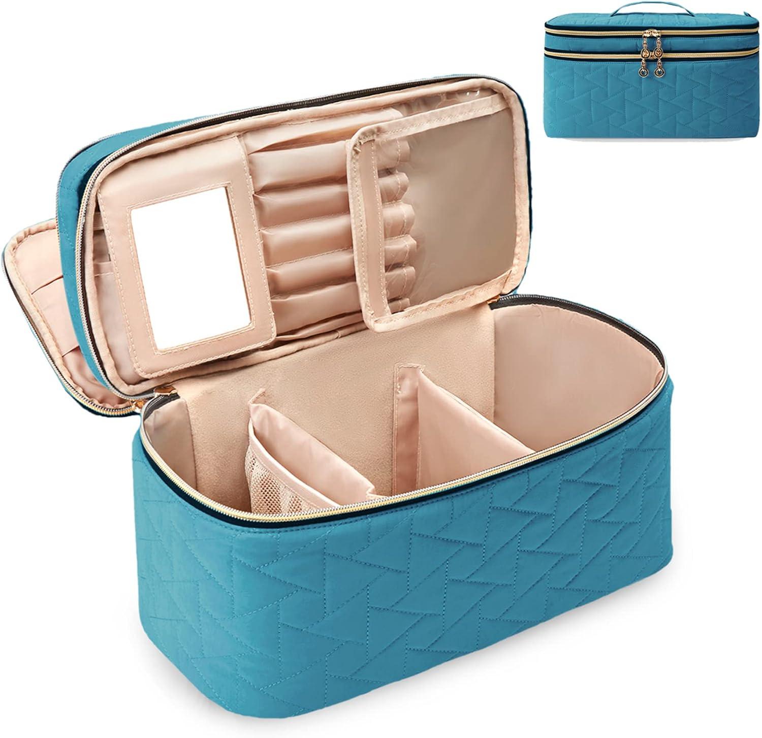 BAGSMART Cosmetic Bag, Makeup Bag,Large Toiletry Bag with Mirror,Portable Makeup Train Case,Travel Bag Case Organizer for Women,Double Layer,Teal