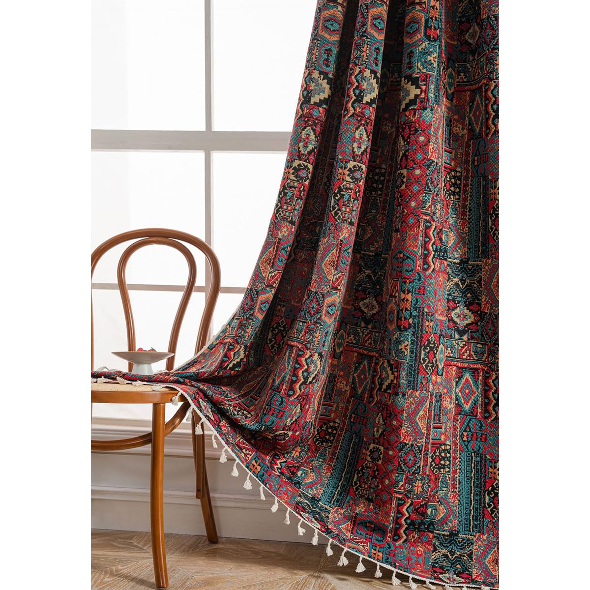 Bohemian Vintage Vorhänge Geometrisch Blickdicht Gardinen Rot Leinenoptik Boho Jacquard Baumwolle Vorhange mit Quaste Rod Pocket für Wohnzimmer Schlafzimmer 1 Stück B150×H240cm