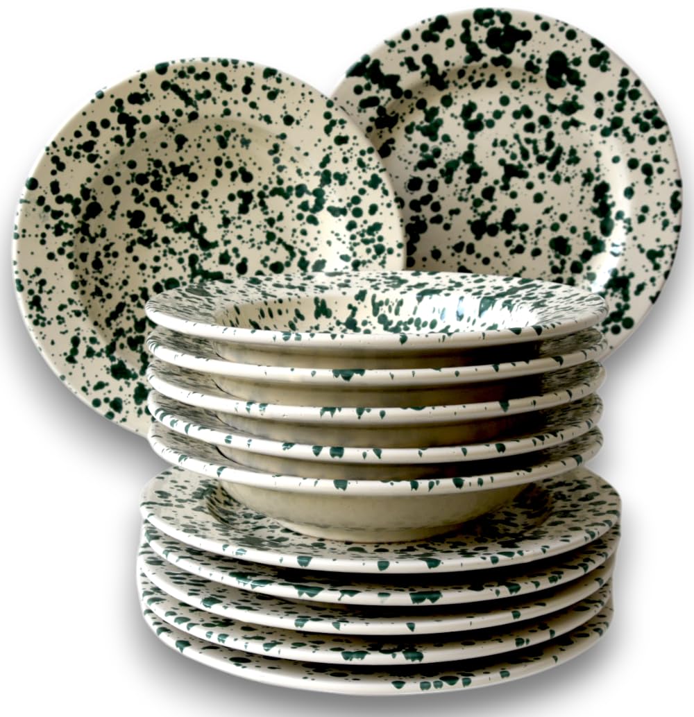 Colì Mayólica y Loza de 1650 Turquesa Moteado Juego de Platos de Mesa de Terracota Pintados a Mano Servicio de Mesa para 6 Personas 12 Piezas 6 Platos Profundos de 23 cm y 6 Platos Planos de 24 cm