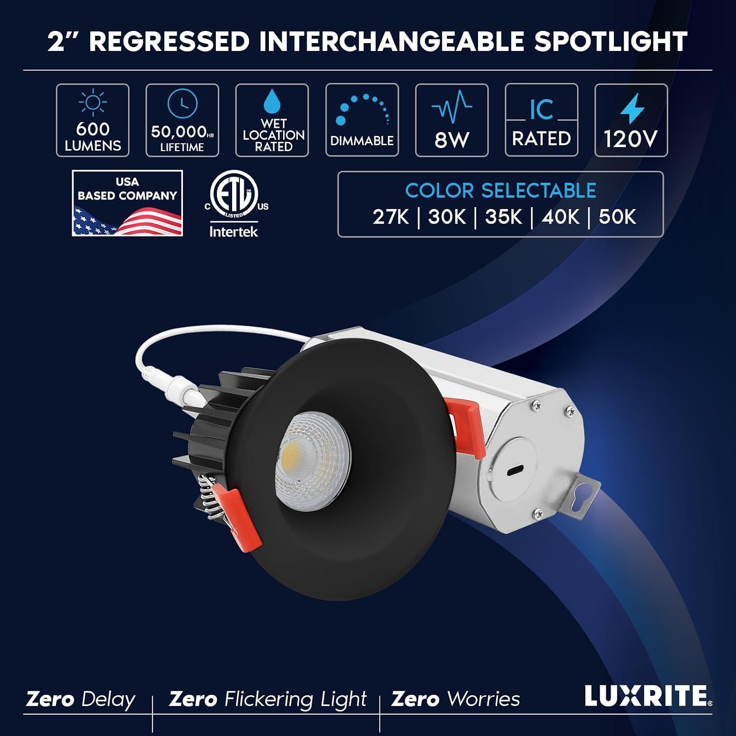 LUXRITE 2 Inch LED Recessed Spotlight with Interchangeable Trim, J-Box, 8W, 600 Lumens, 5CCT 2700K-5000K, Downlight, 60° Beam, Dimmable, Twist N’ Lock, CRI 90, Wet Rated, IC Rated, Black (4 Pack)