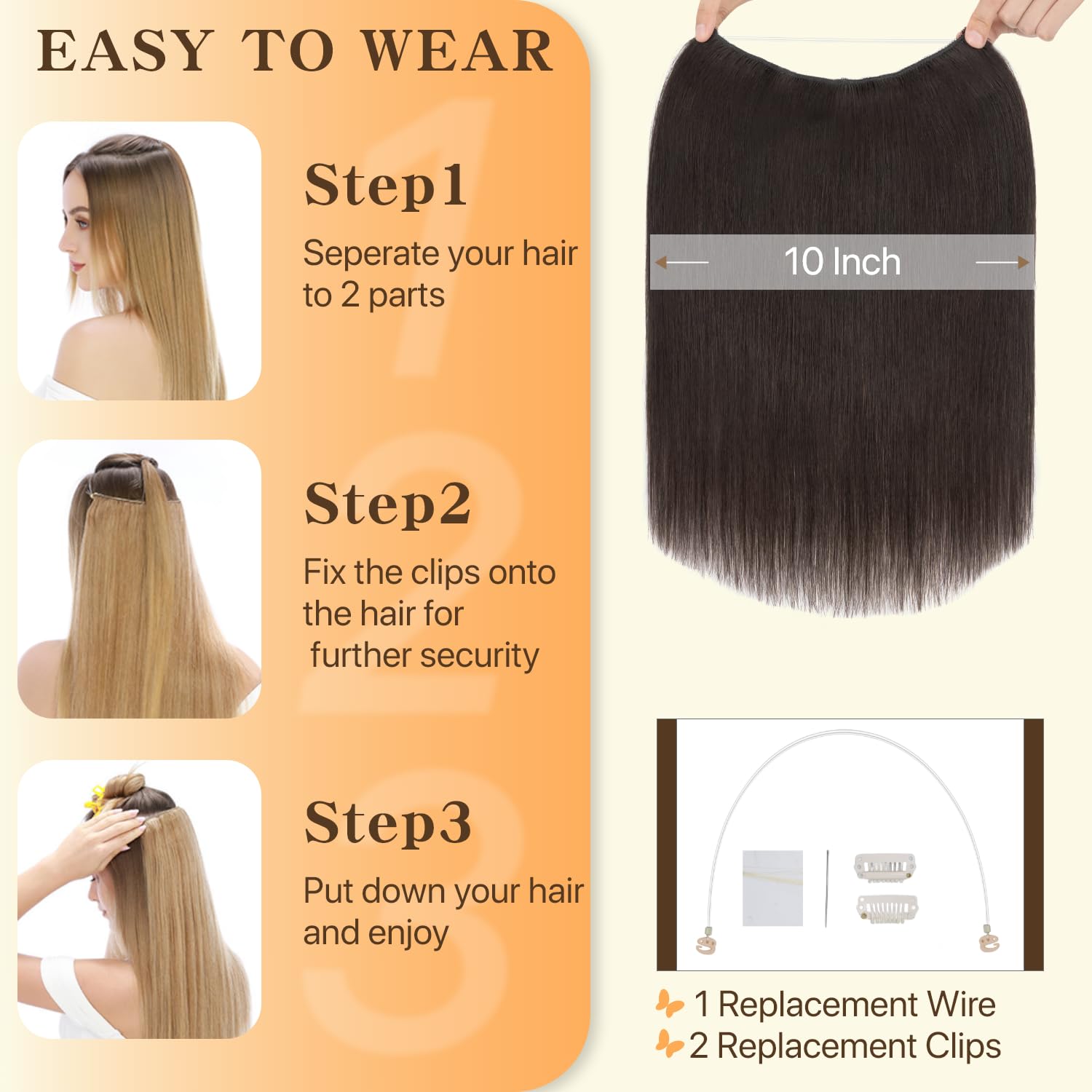 TESS Halo & Clip in Hair Extension 100% Real Human Hair Wig One Piece Adjustable Invisible Transparent Wire with 2 Secure Clips for Women UK #1B Natural Black 18 inch 65g - Image 4
