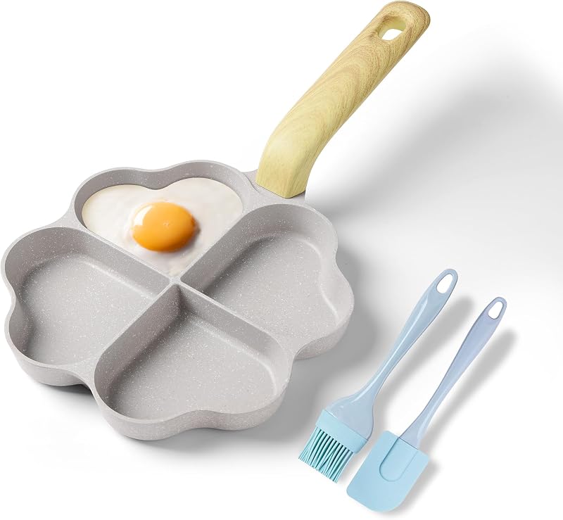 RIOVARM 4 Hole Heart Shaped Egg Pan Non-Stick Granite Small Pans Induction Pan Creative Cute Omelet Pan PFOA Free Healthy Pancake Breakfast Pan