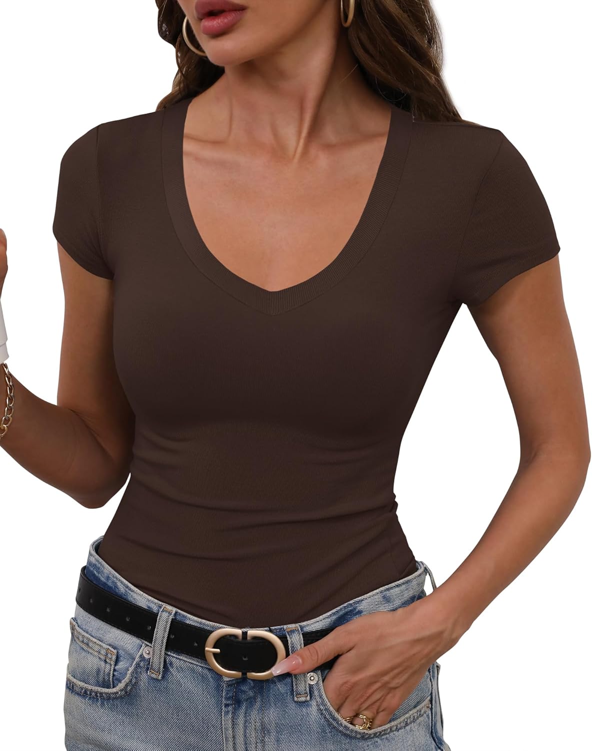 GEMBERA Womens' Stretchy V Neck Short Sleeve Form Fitted Casual Basic Top T-Shirts