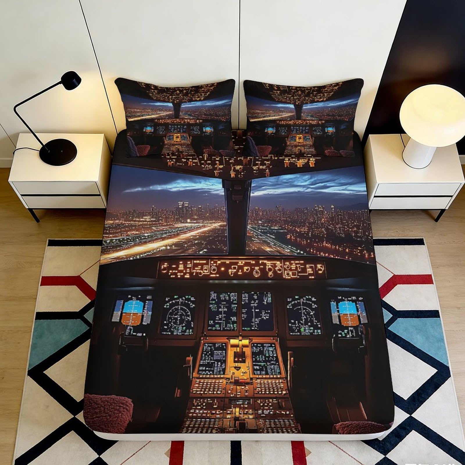 3D Printed Cockpit Night View Fitted Sheet Microfiber Bedroom Decor Airplane Bed Cover for Home Dorm Room 90x200x25cm