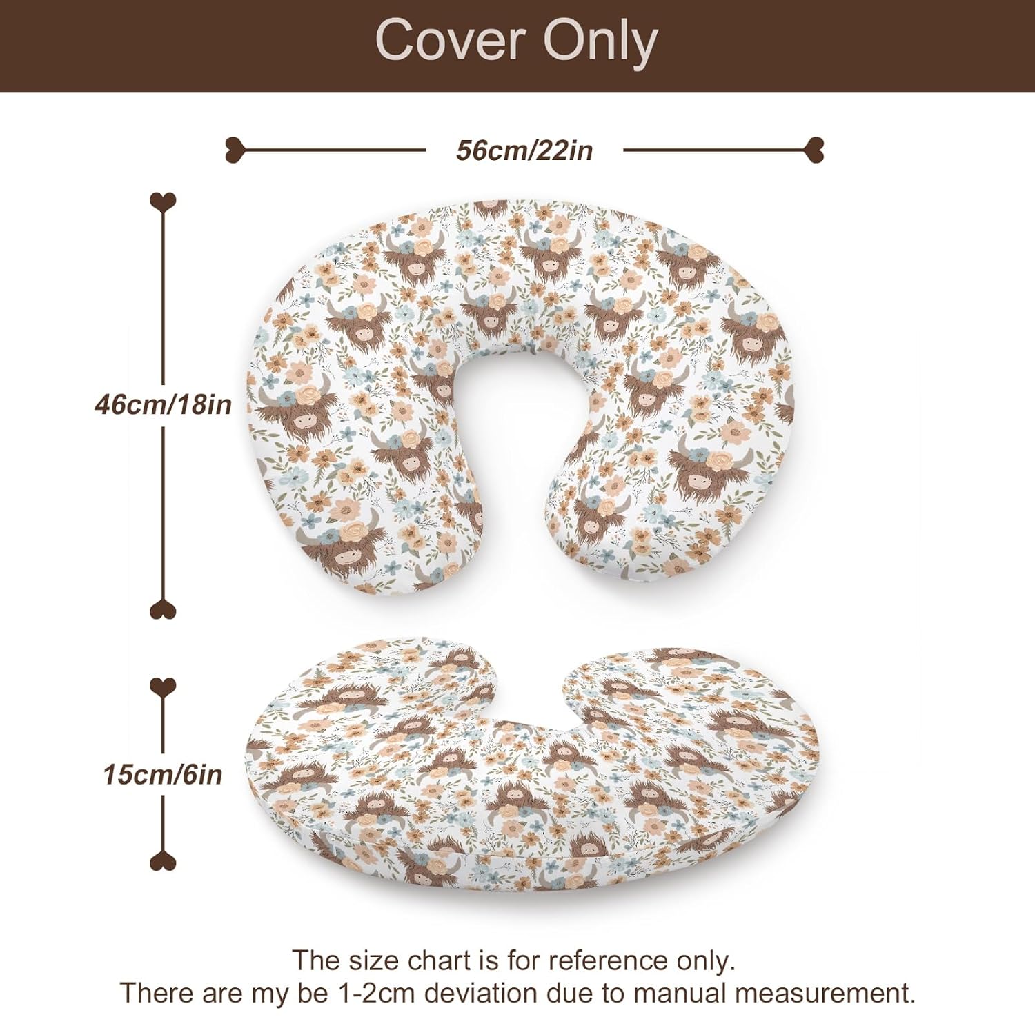 Highland Cow Flowers Floral Pattern Nursing Pillow Cover, Unisex Western Farm Cow Removable Breastfeeding Pillowcase Slipcover for Baby Girls Boys Newborns Toddlers, Cover Only