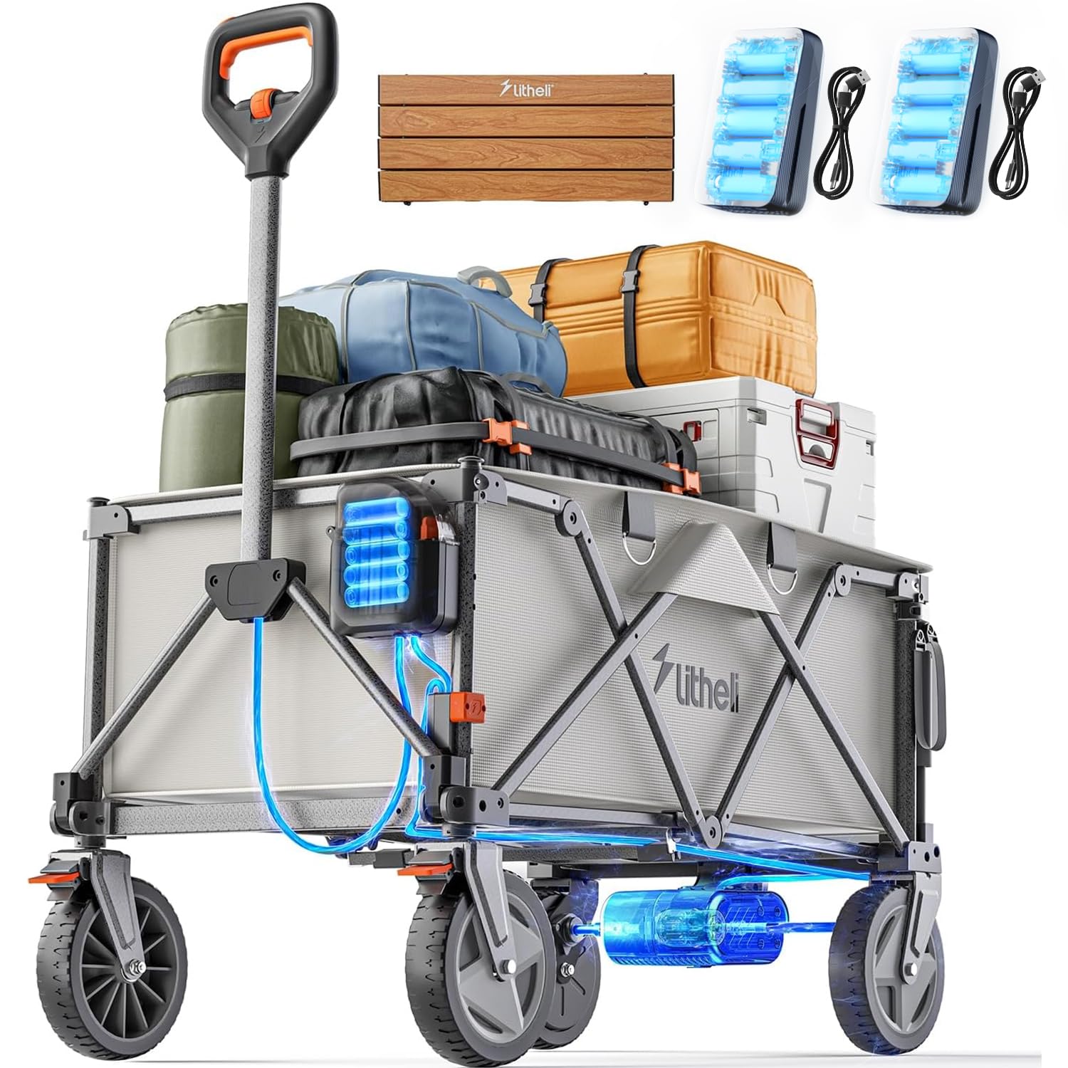 Litheli Folding Electric Hand Trolley with Brakes, 200 L, 60 kg Load, Suitable for Camping, Garden, Shopping (Beige, 2 Batteries and Table Board)