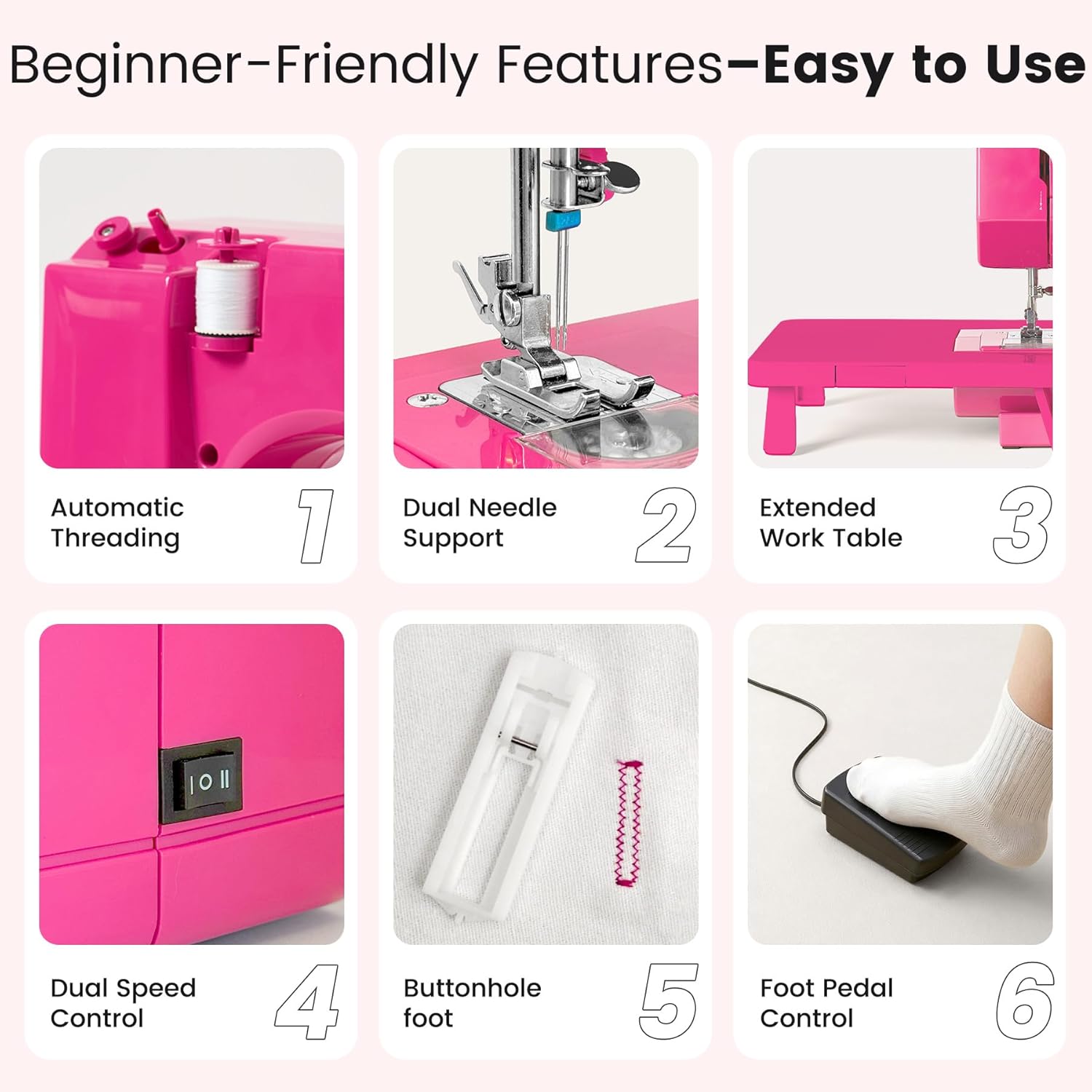 Portable Mini Sewing Machine for Beginners, 14 Stitches, Easy Dial Control, LED Light & Extension Table, Compact Lightweight for Home DIY Mending, Ideal Gift for Kids Adults Bright pink