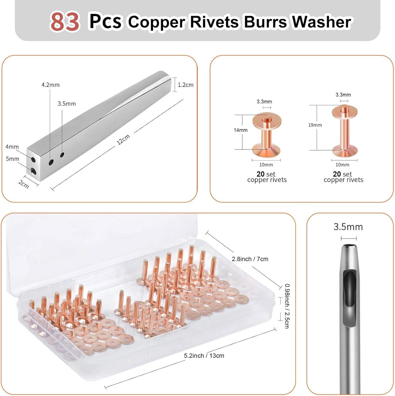 83Pcs Copper Rivets and Burrs Washers, Leather Rivets Fastener Install Setting Tool with 3.5mm Leather Hole Punch Cutter for Bag Belts Wallets DIY Leather Working Supplies, #9 and #12 Burrs Setter