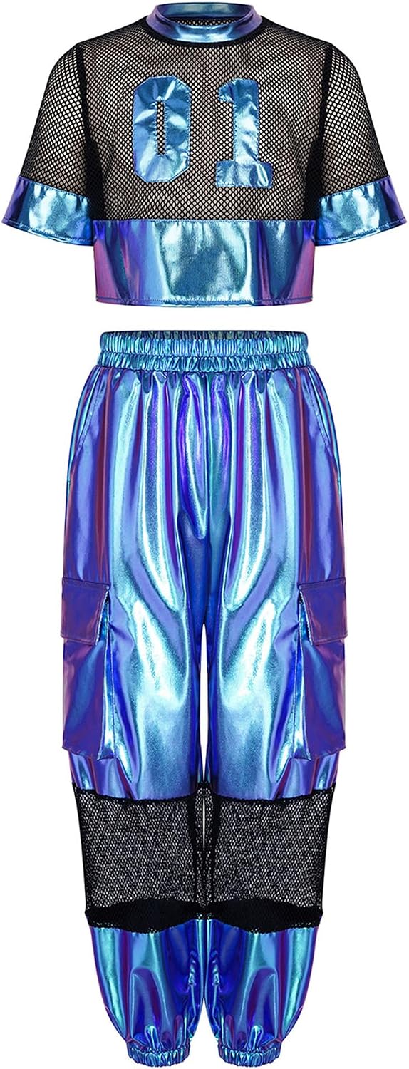Hansber Kids Shiny Crop Top and Pants Streetwear Training Set | Glitter T-shirt with Cargo Pants,Sparkly Two Piece Dancewear,for Jazz Street Dance,Suitable for Competiton,Trendy Wear
