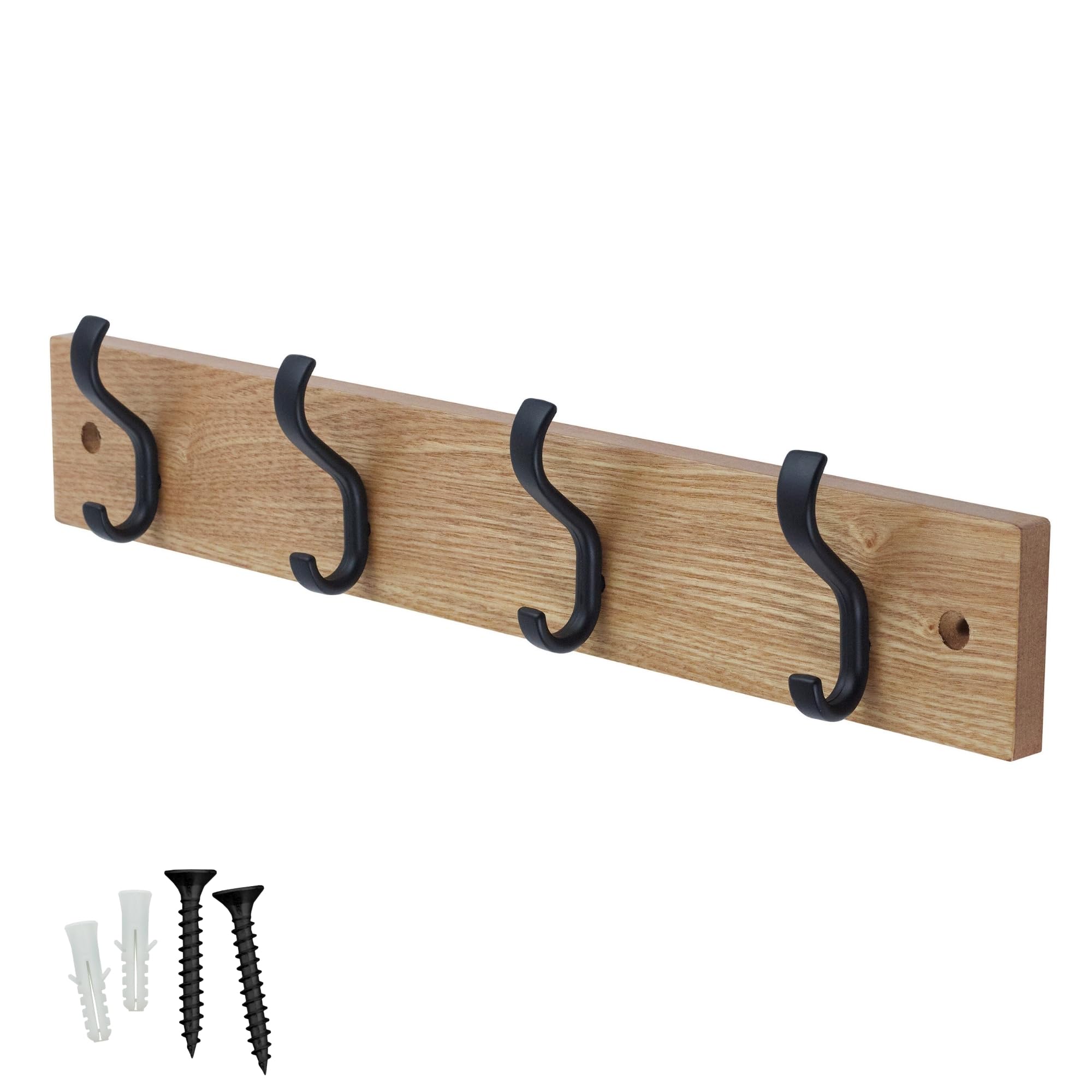 Keypak Matte Black/Ash Effect Minimalistic Wall-Mounted Coat Rack – 4 Hooks On Stylish Modern Wooden Base For Wall & Door – 38Cm – All Fixings Included ()