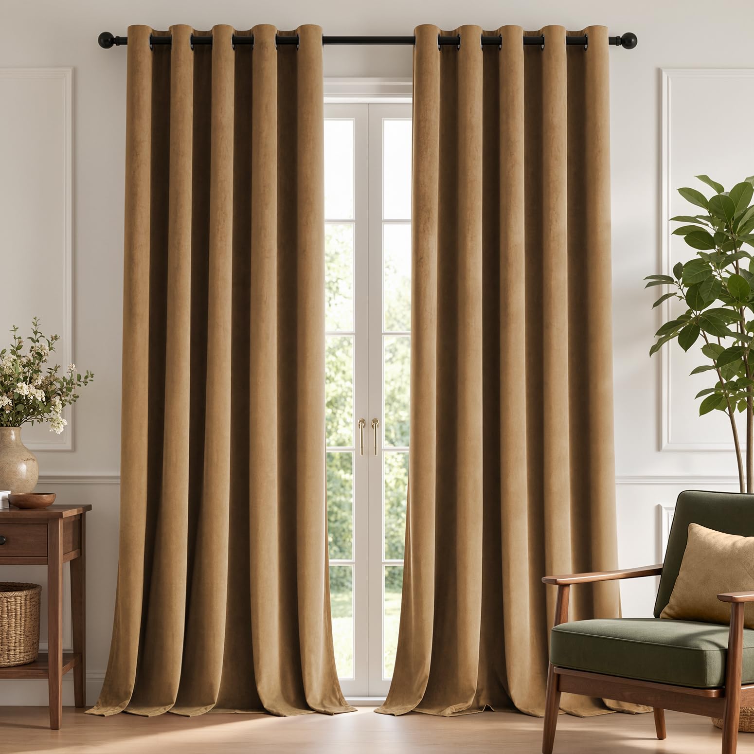 TOPICK Eyelet Velvet Thermal Blackout Curtain 2 PCS Golden Brown, W66 xL90