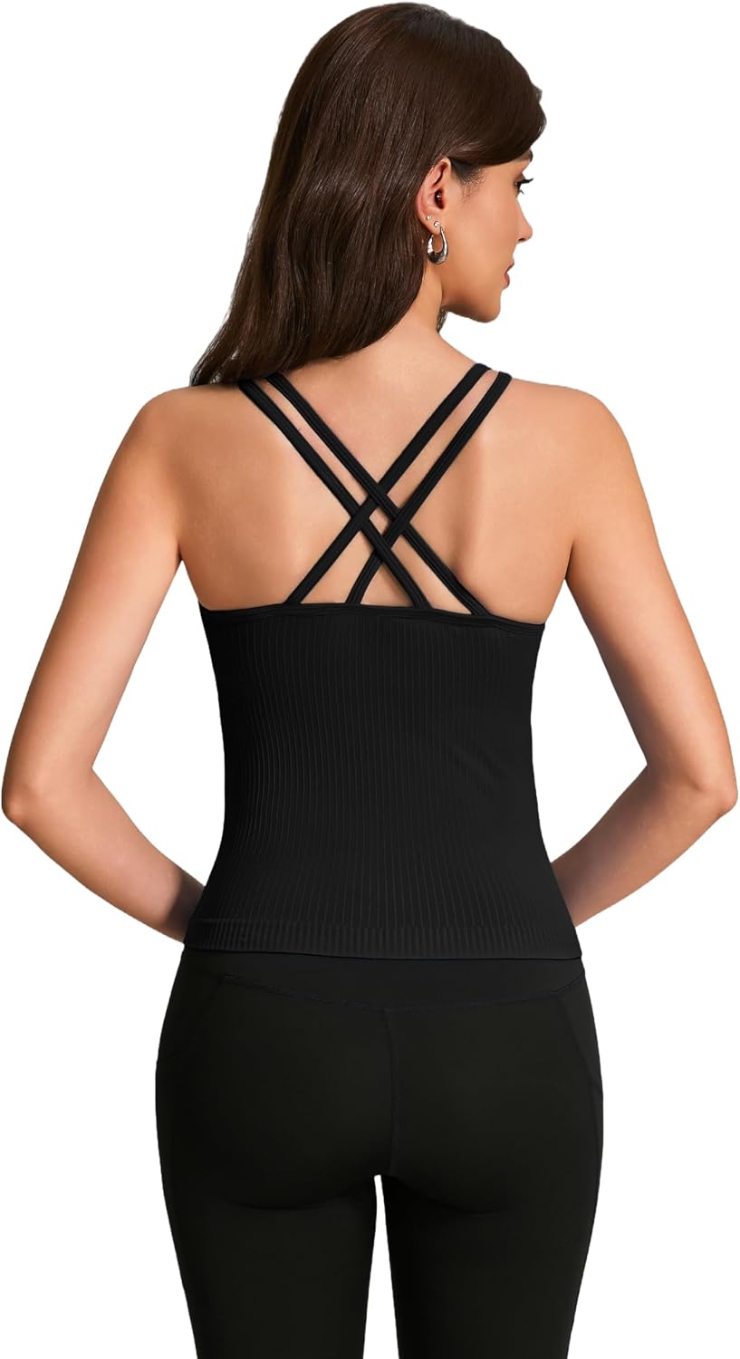 UG Active V Neck Tank Tops with Built in Bra Spaghetti Straps Cross Back Fitted Basic Cami Shirts