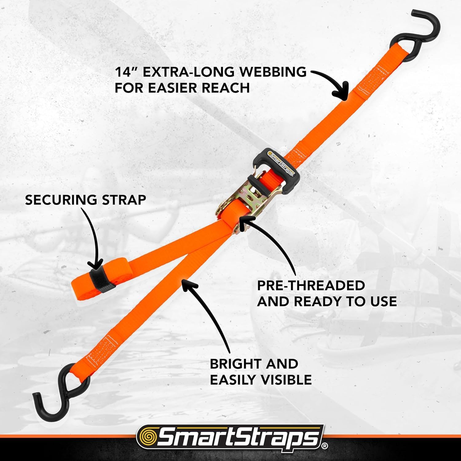 SMARTSTRAPS 10-Foot Ratchet Tie-Down Straps 4-Pack – 3,000 lb Break Strength, 1,000 lb Safe Work Load, Heavy-Duty Padded Handles, Secure Cargo for Motorcycles, Boats & Appliances, Orange