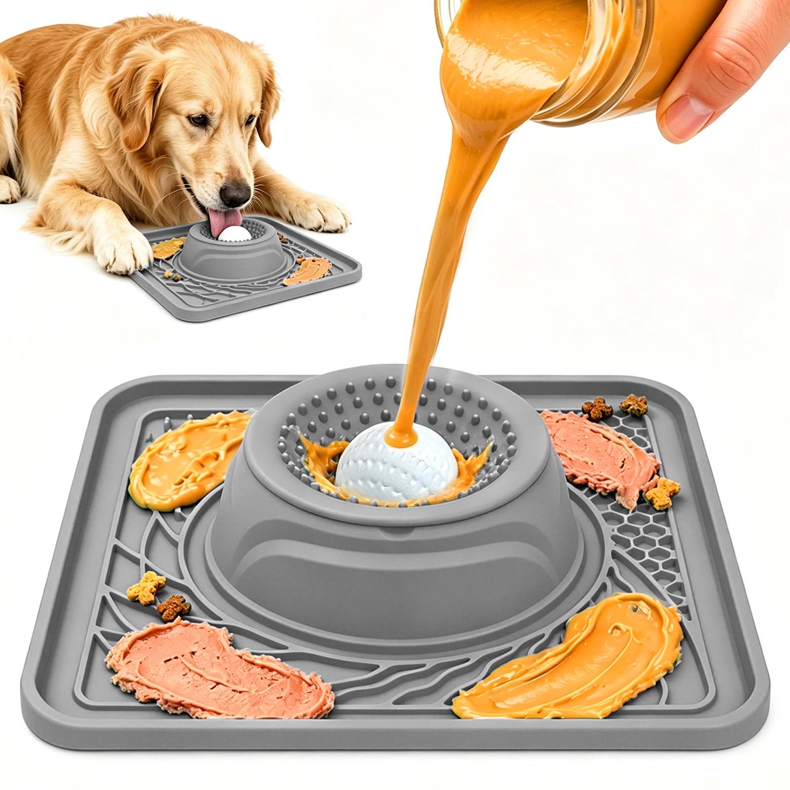 Slow Feeder Dog Bowl &amp; Lick Mat,2-in-1 Dog Lick Bowl with Interactive Rolling Ball for Liquid and Thick Treats,Anti-Slip Dog Lick Bowl for Dogs &amp; Cats