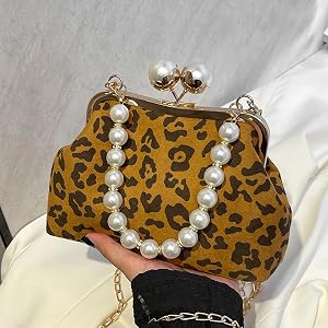 Tarvione Leopard Purse Women Pearl Chain Cheetah Print 