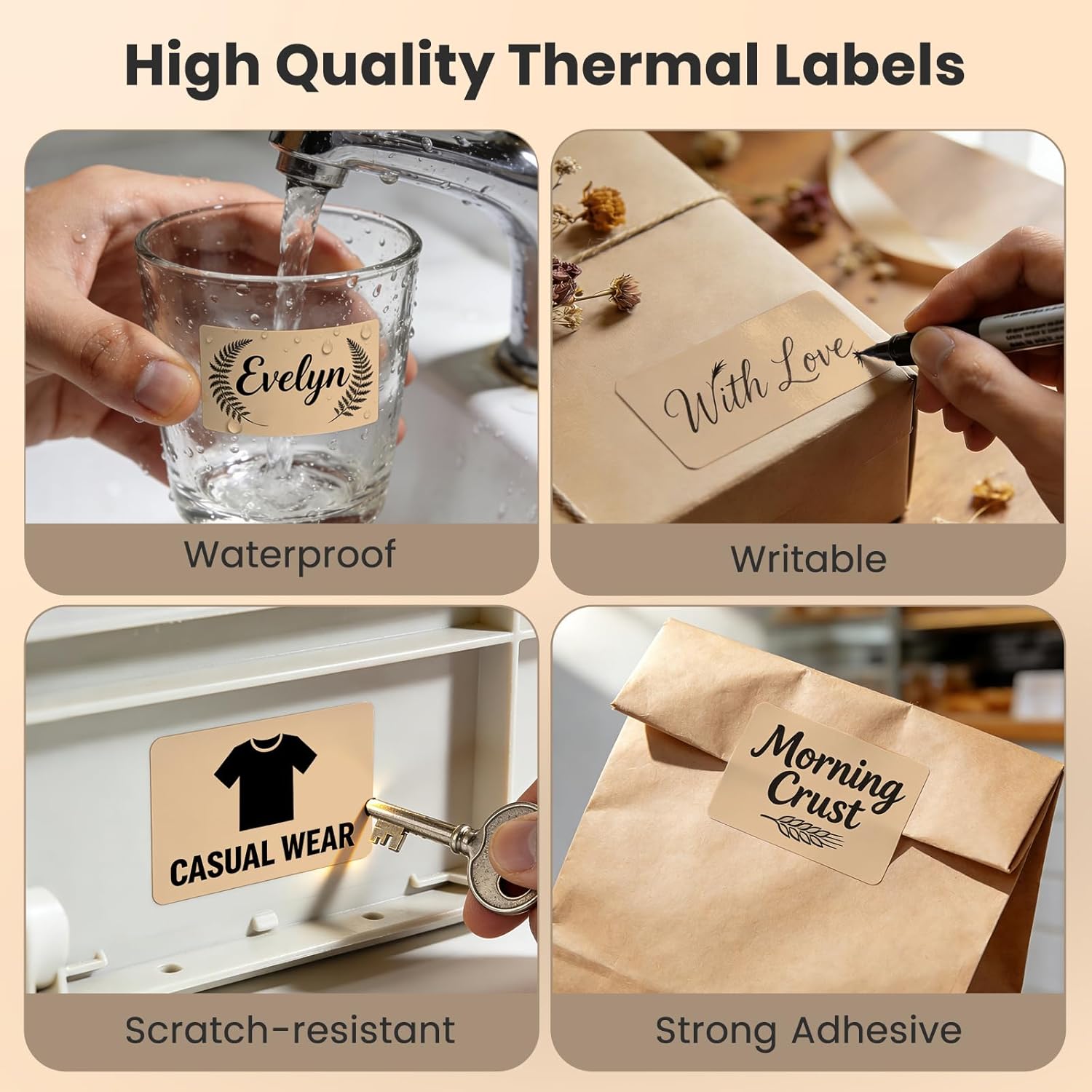 Khaki Thermal Labels 1 × 2 Inch Vinyl Rectangular Waterproof Direct Printer Sticker Self-Adhesive Perforated Name Tag for Logo DIY QR Design Office Address 500 PCS - Image 5