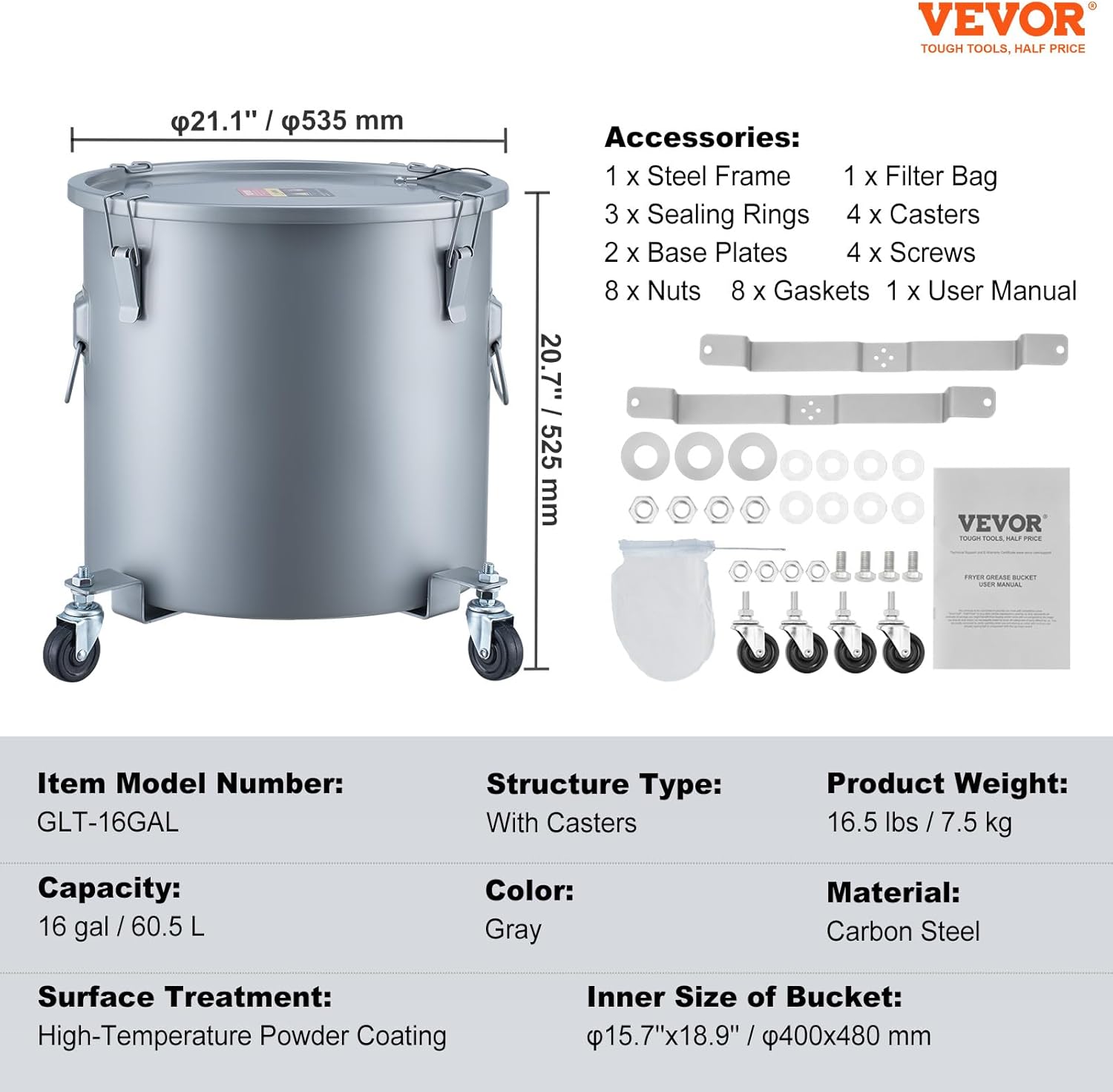 VEVOR Fryer Grease Bucket, 16 Gal Oil Disposal Caddy with Caster Base, Carbon Steel Rust-Proof Coating, Oil Transport Container with Lid, Lock Clips, Filter Bag for Hot Cooking Oil Filtering, Gray