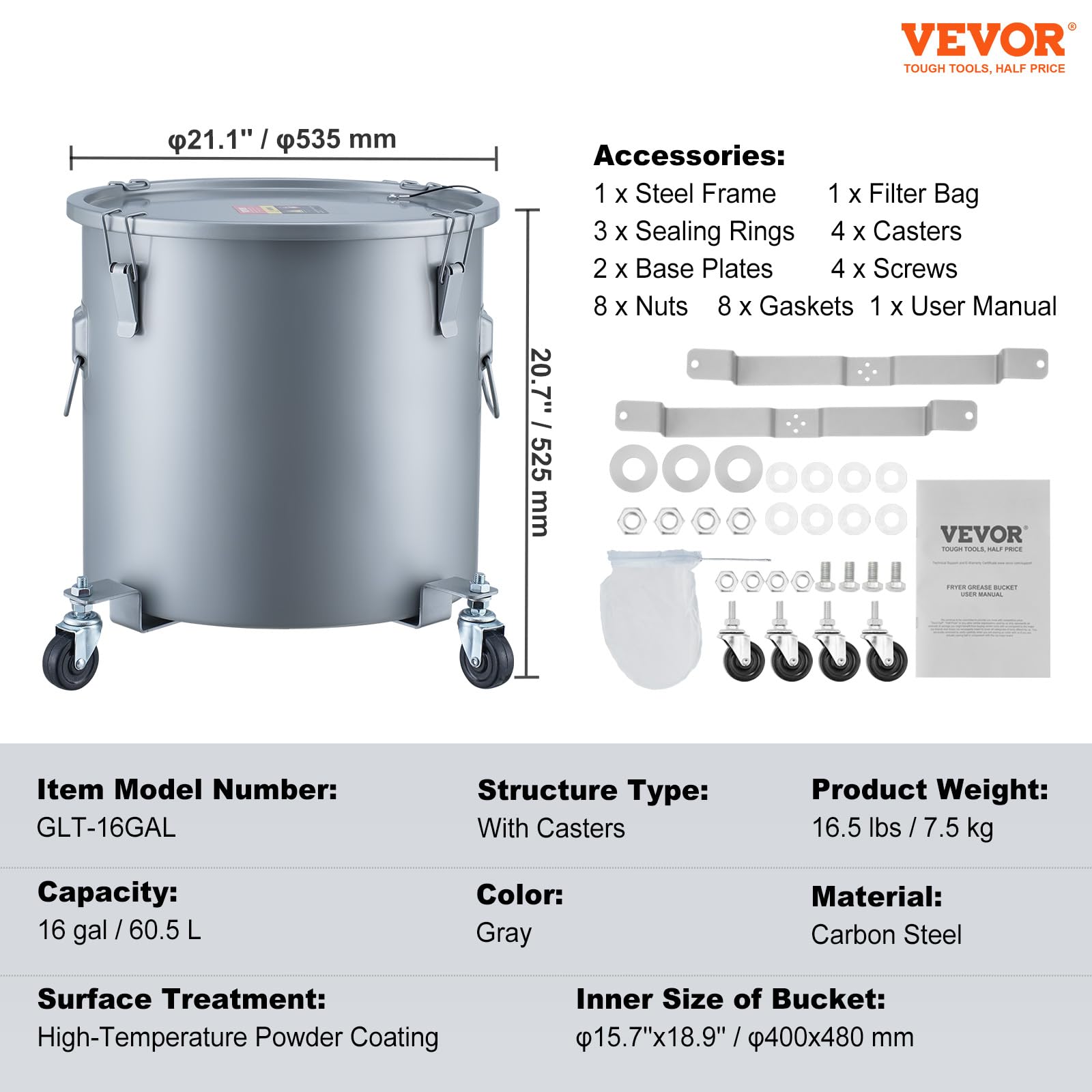 VEVOR Recolector de grasa y aceite usado sobre ruedas, 60,5 L, recipiente de aceite de acero al carbono para freidora, recipiente de aceite con tapa, pinzas de bloqueo, bolsa de filtro