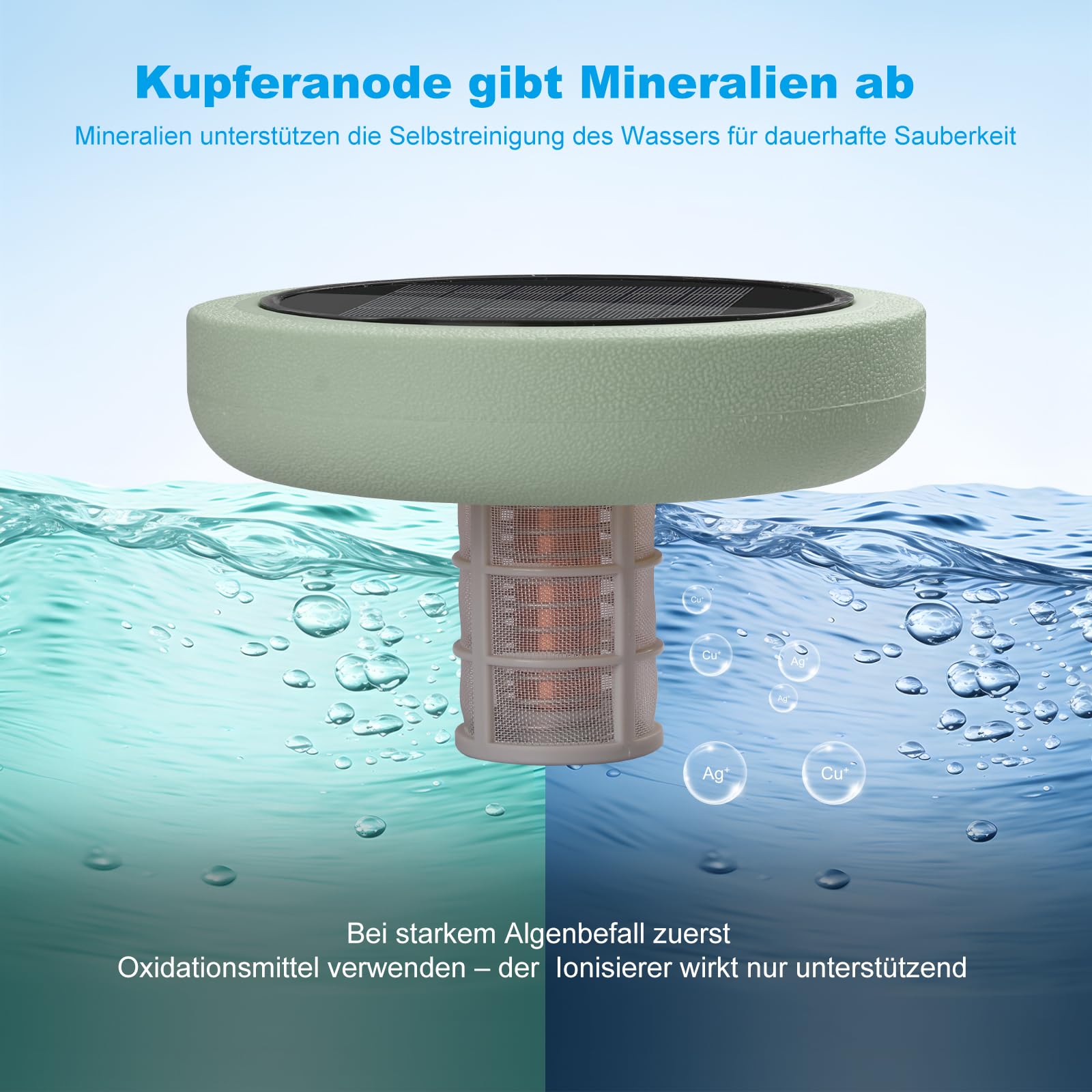 Solar Pool Ionisator Für Oberflächen- Und Einbautbecken, Schwimmender Kupfer Pool Reiniger, Bis Zu 150.000 Liter, Wasserreiniger Für Pools Und Spas (Grün)