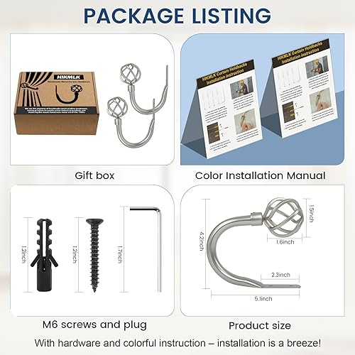 Miniatura 6 de Ganchos de metal hechos a mano para cortinas, 2 piezas, decoración negro mate para pared, soportes laterales resistentes, accesorios para cortinas y