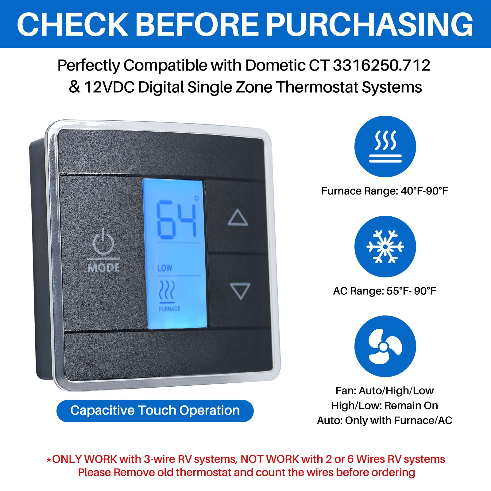 Termostato de repuesto para RV compatible con Dometic CT termostato 3316250.712, control de termostato digital de pared de una sola zona de 3 cables para frío/calor, 12 V CC, sensible al tacto