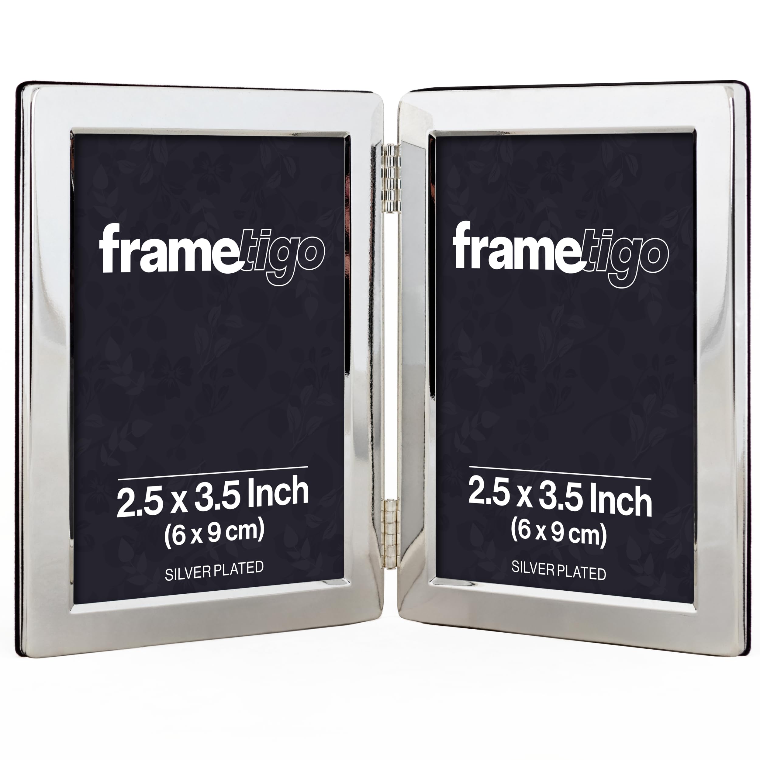Frametigo Silver - Plated Flat Edge Double Photo Frame, 2.5"X3.5" (6X9cm) Photo Size - Portrait Orientation - Real Glass Window - Traditional Picture Frames - Tarnish Resistant
