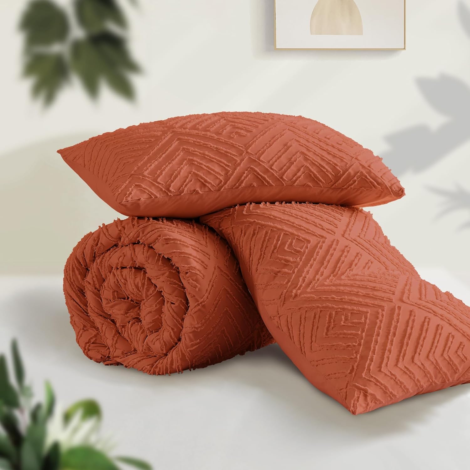 Andency Full Size Comforter Sets Burnt Orange, Boho Lightweight Full Bed Set, Terracotta Fluffy Bedding Set & Collections, 3 Pieces Rust Tufted Design (79x90Inches, 1 Comforter and 2 Pillow Shams) - Image 3