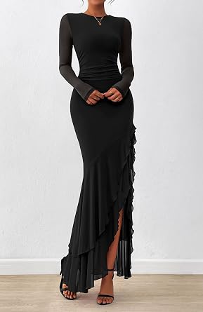 BTFBM Women's Maxi Dresses Fall 2026 Long Sleeve Ruched Bodycon Solid Ruffle Mermaid Cocktail Wedding Guest Dress
