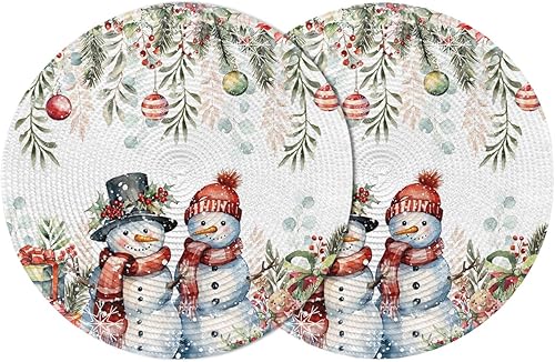 Round Braided Placemats Set of 2 Non-Slip, Xmas Ball Red Snowman Gift Box Leaves Christmas 15 Inch Heat Resistant Washable Woven Place Mats Outdoor
