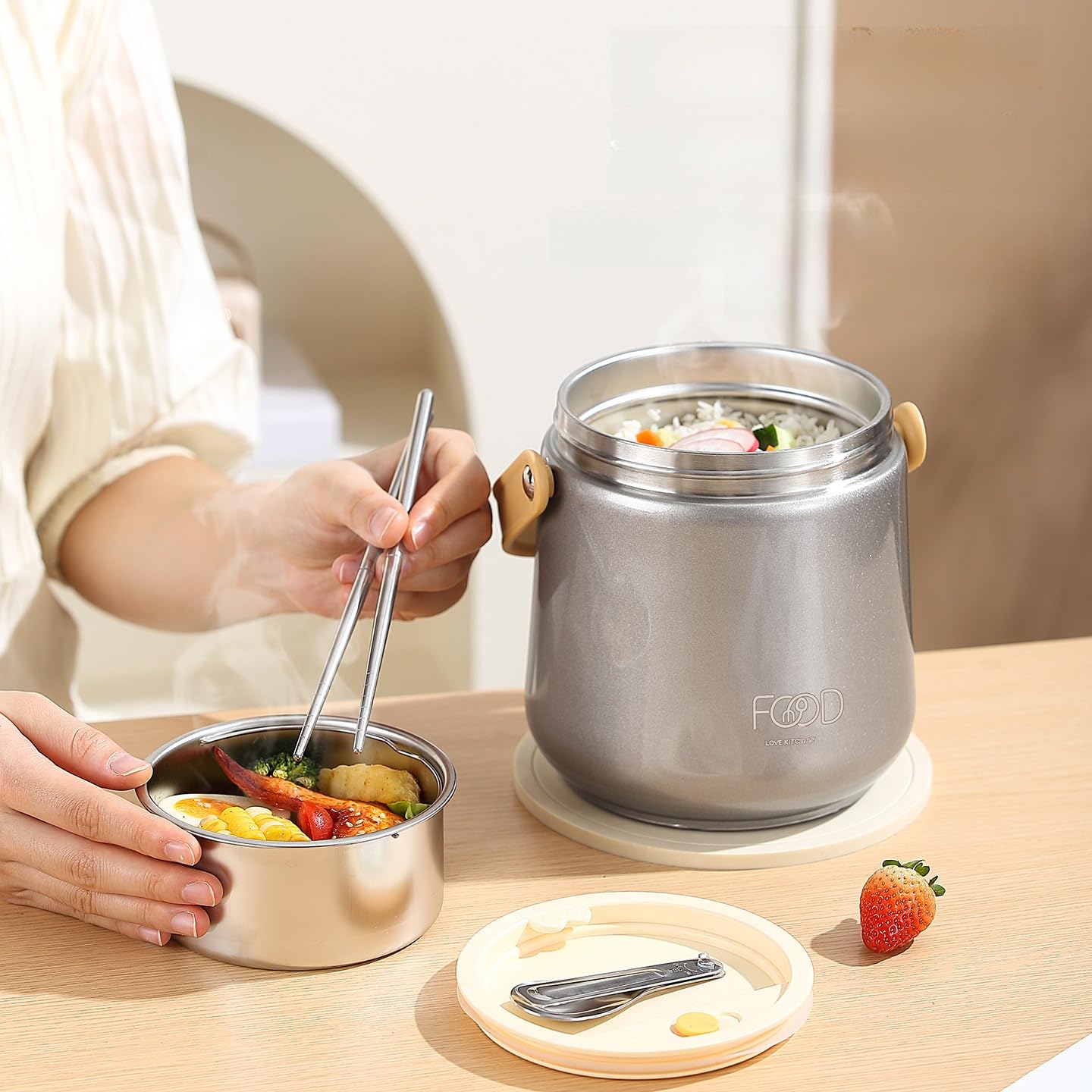 Contenitore Pranzo Acciaio 304, 1300ml, Chiusura Ermetica