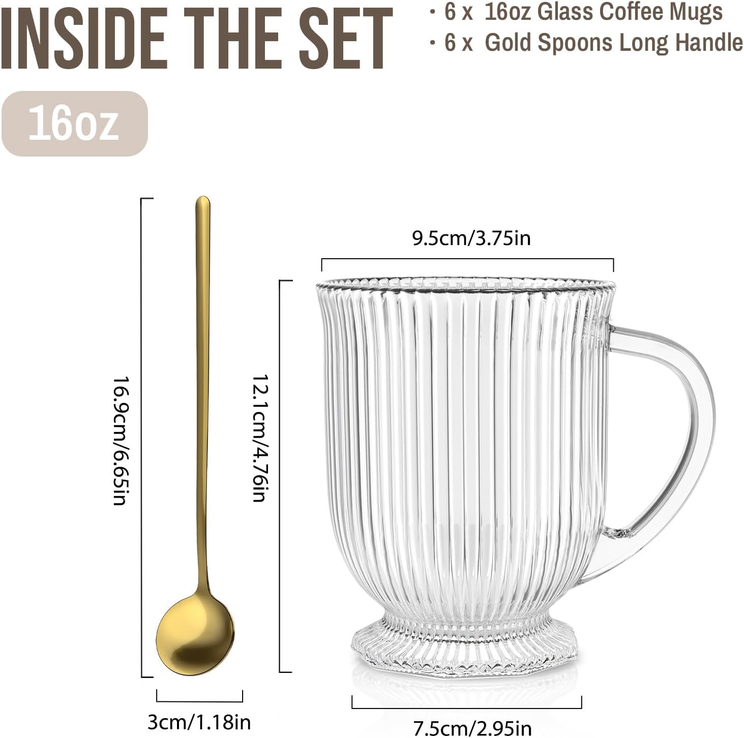 SoulTimes 16oz Glass Coffee Mugs with Handles and Spoon Set of 6 Ribbed Mug image 4