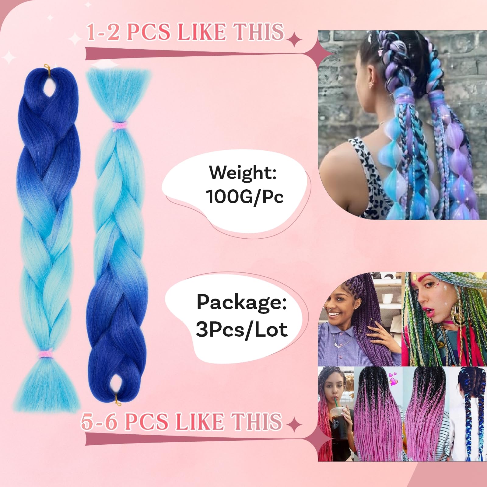 SEGO Pro Braiding Hair Extensions 24 Inch Yaki Synthetic Jumbo Box Braid Hair for Crochet Twist Braids for Women Pack of 3 (Dark Blue to Light Blue) - Image 3