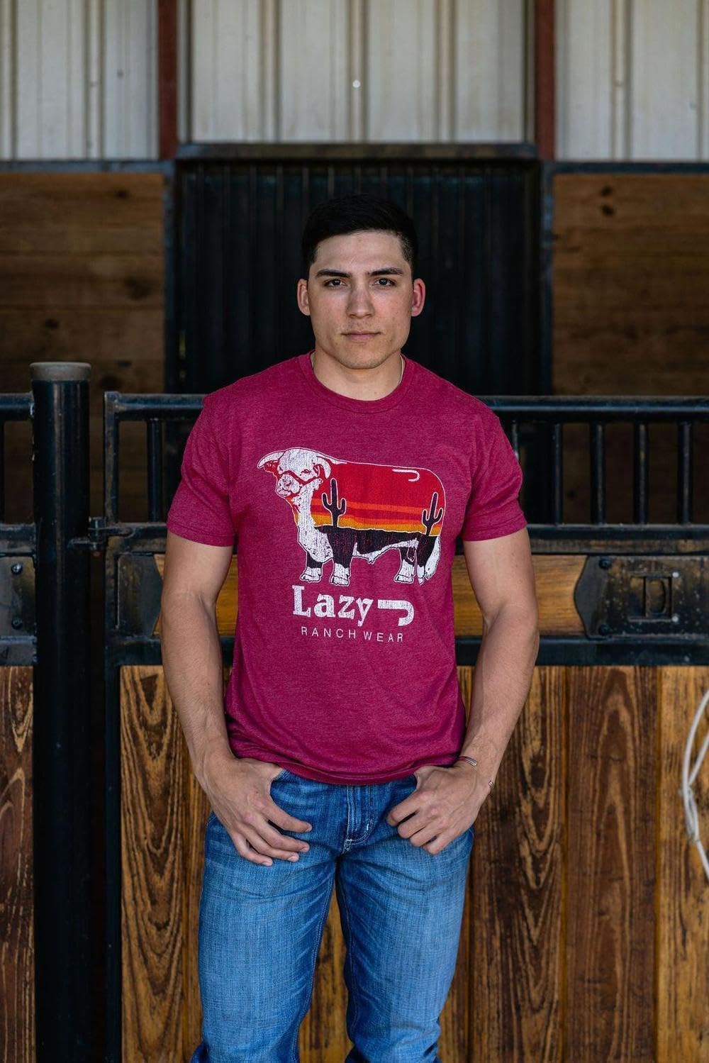 Lazy J Ranch Sunrise Bull Short Sleeve T-Shirt - Red